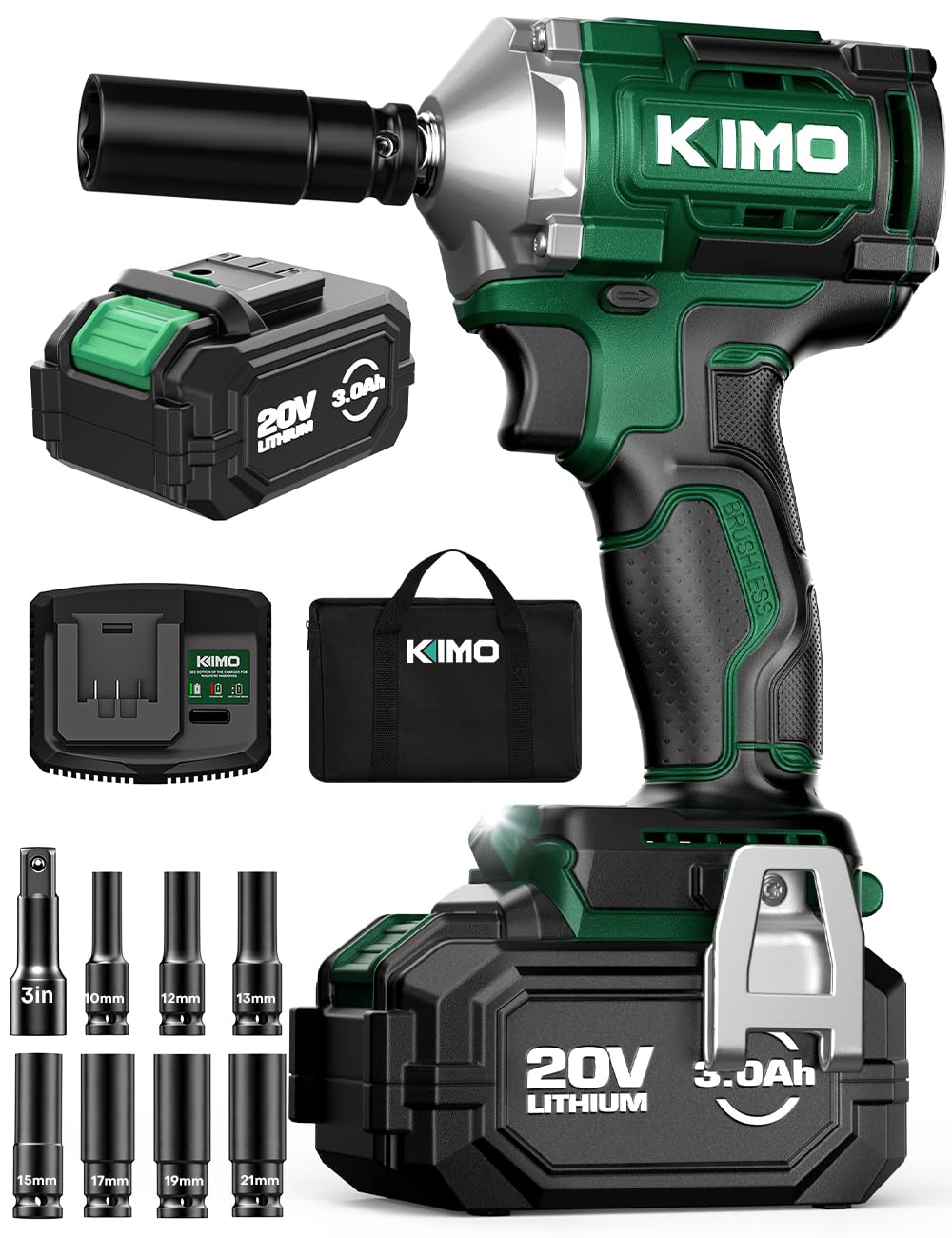 KIMO Cordless Impact Wrench 1/2 Inch with 814N.M Max Torque, 3Mode Setting, 3000 RPM, 1/2 Impact Gun with 1 Hour Fast Charger, 3.0 Lion Battery, Variable Speeds, Electric Impact Wrench for Car Home