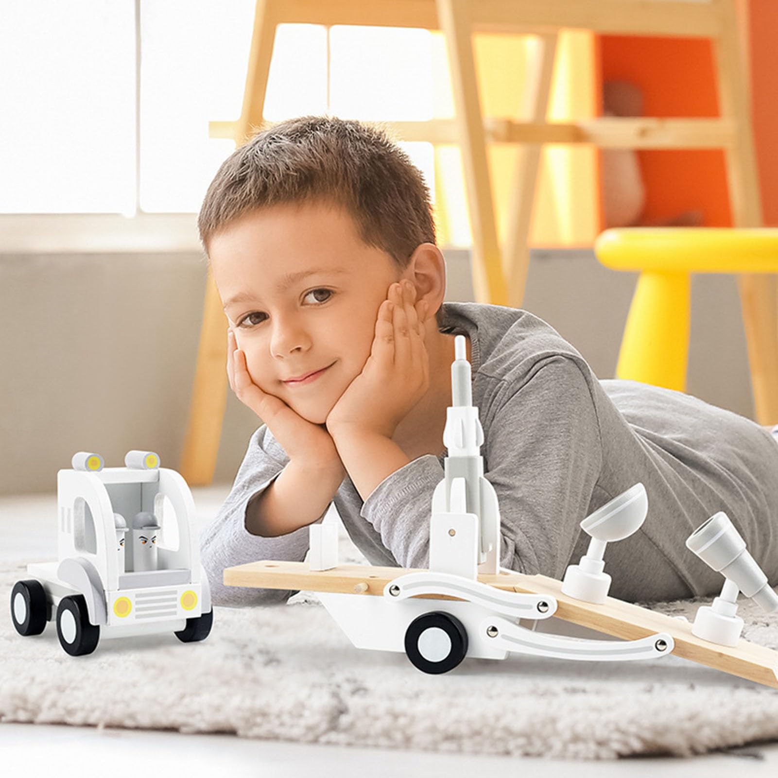 Camión Portacoches Conjunto De Juego De Transporte De Cohete De Madera | Camión de Juguete para Transportar Coches Para Niños y Niñas, para Juego de Construcción y de