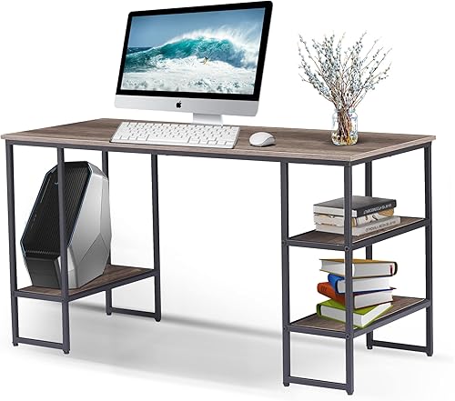 OFICS - Escritorio para computadora de 55 pulgadas escritorio de oficina grande con estantes de almacenamiento escritorio portátil de madera negra