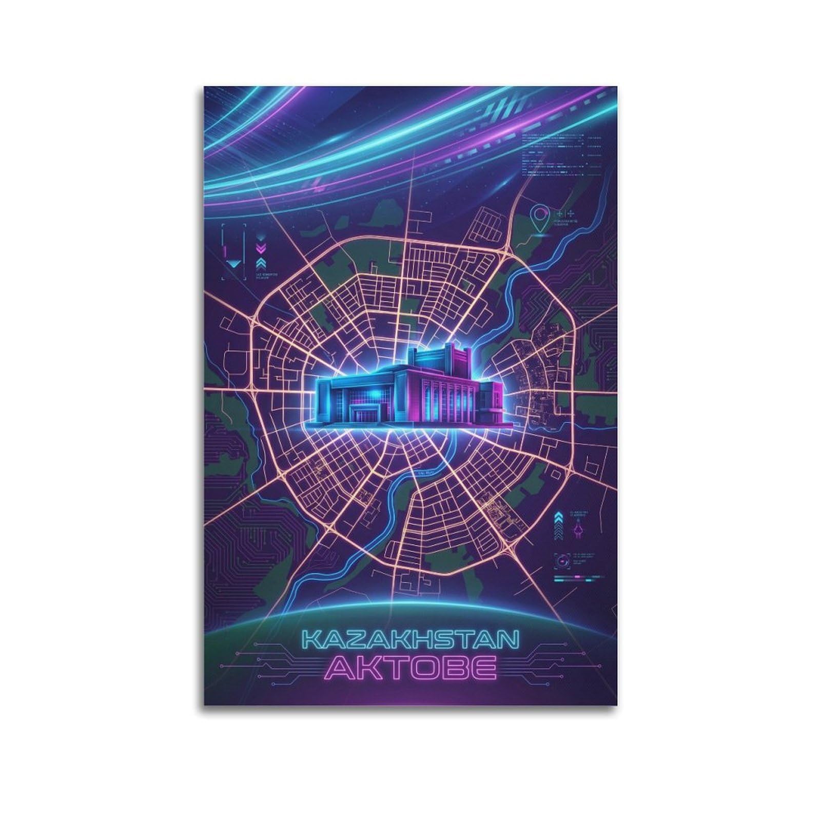 XKUGA Retro Cyber Aktobe Kazakhstan Neon Map Poster Modern Decorative Canvas Prints - Ideal Wall Art for Family, Man Cave, Game Room, Boys & Girls Bedroom 24x36inch(60x90cm)