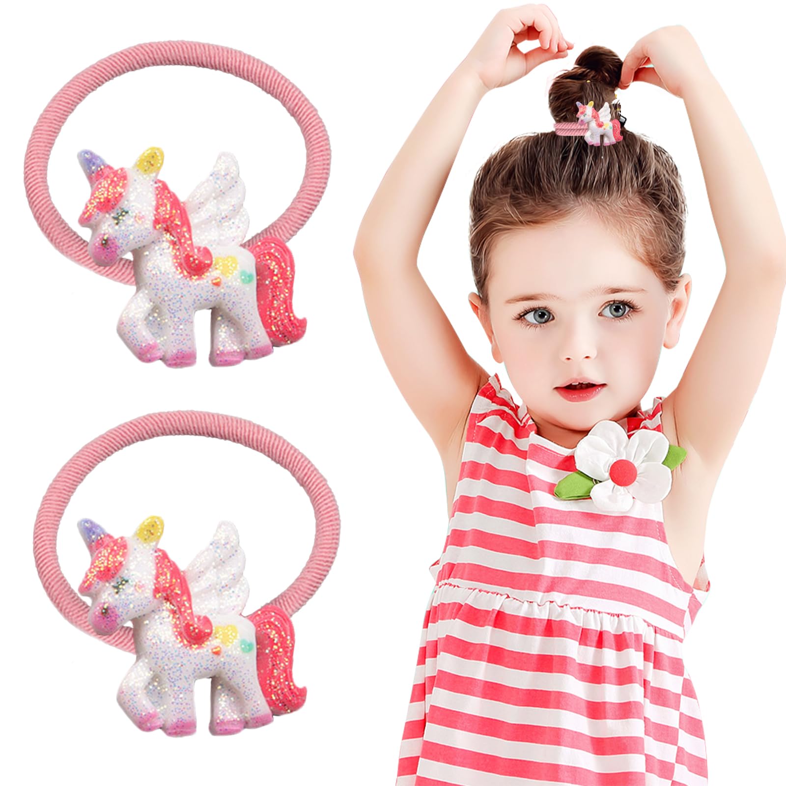 RYMAUP® 2 gomas mágicas para el pelo de unicornio para niñas, lindas diademas para niños, alas rosas, unicornio con pelo rojo