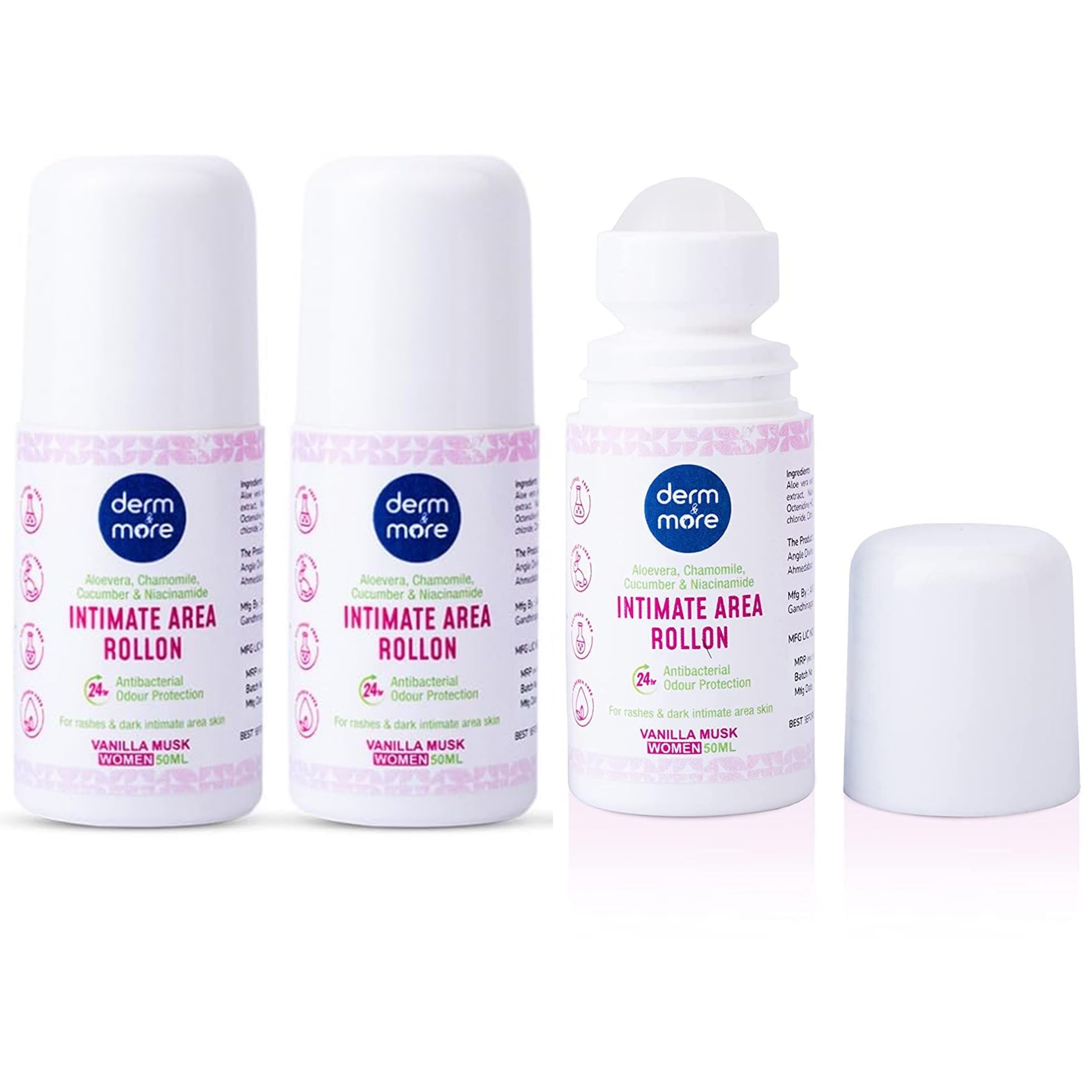 RollOn Underarm & Intimate Area for Women | For (Pack of 3) | For Odor, Infection, Rashes & Itching | With Cucumber, Aloe Vera, Chamomile | Alcohol Free for Sensitive Skin | Vanilla Musk Scent | (3 x 50ml)-image-21