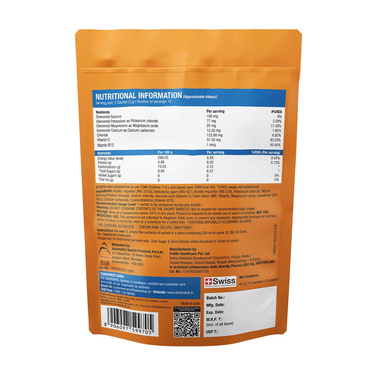 Fast&Up Reload Electrolytes Powder Sachets | Zero Added Sugar Hydration Drink with 5 Essential Electrolytes Vitamin C & B12 | Summer Heat, Workout Recovery, Travel & Wellness | Orange Rush, Pack of 15 Sachets 3
