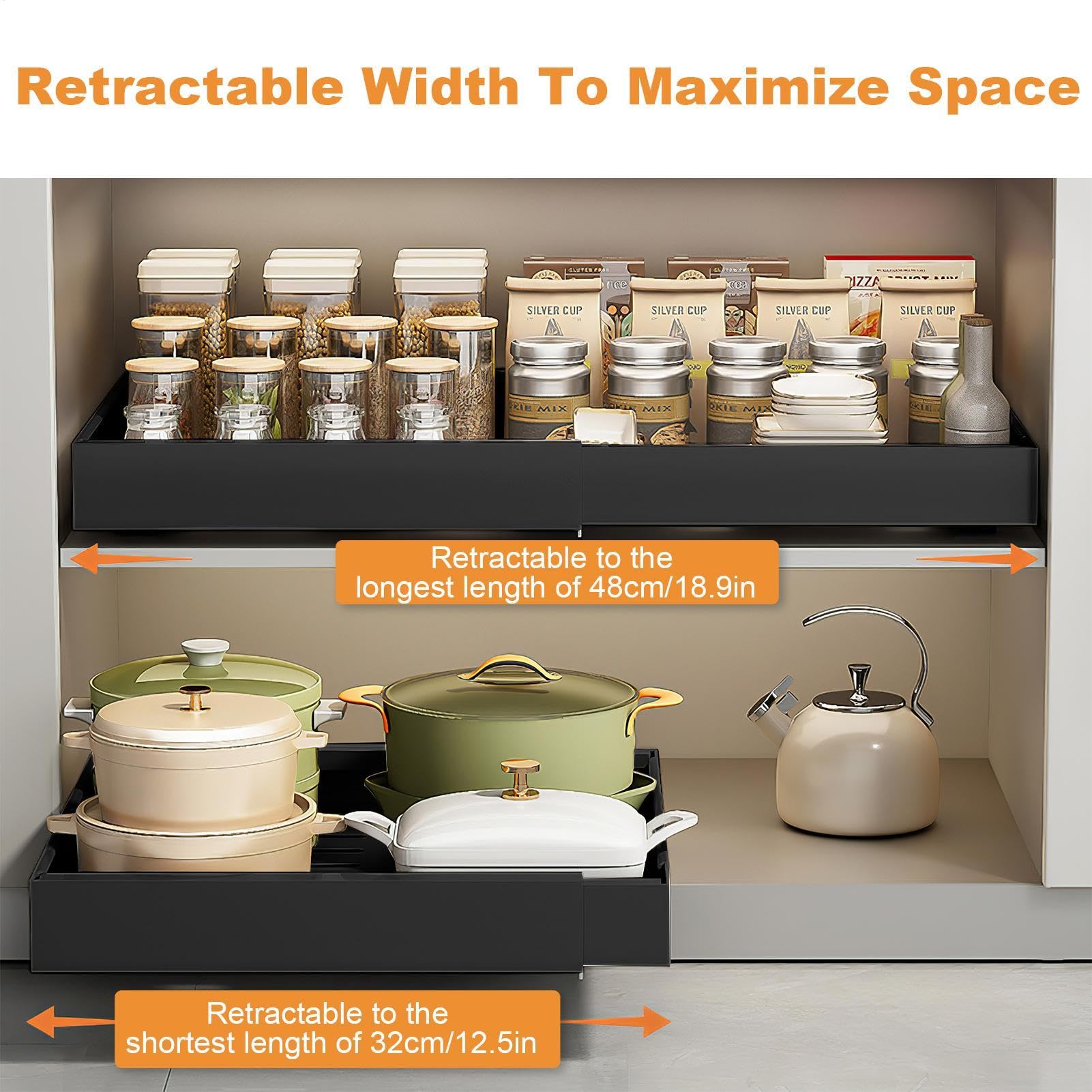 Expandable Pull out Drawer | Heavy Duty Adhesive Drawers | Adjustable Kitchen Cabinet Organizer Tray for Restaurant Bathroom Home Hotel