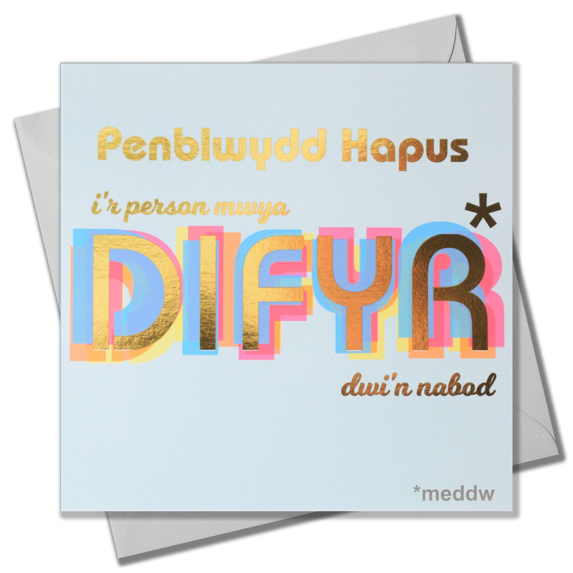 Claire Giles Greeting Cards, Welsh Happy Birthday Friend Card, Most Fun/Drunk Friend, Penblwydd Hapus Difyr/Meddw and gold foil text