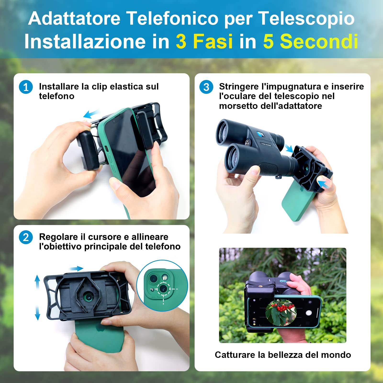 APEXEL Adattatore Universale per Smartphone con Telescopio con Bluetooth, Compatibile con Binocoli, Monoculare e Microscopi, Adattatore per Montaggio su Telescopio, Adatto a Tutti Gli Smartphone