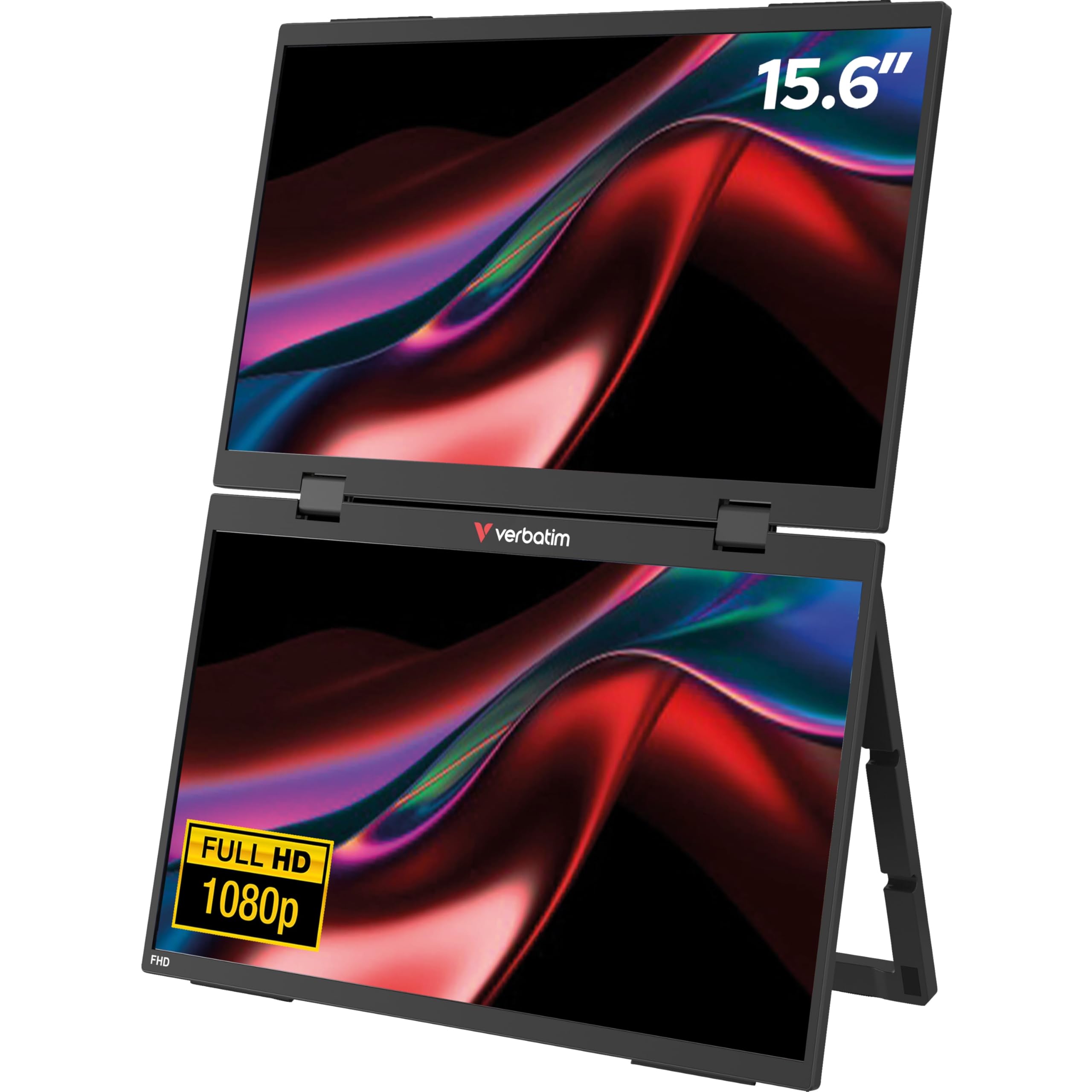 Verbatim PMT-15, podwójny przenośny monitor z dwoma ekranami 15,6", mobilny ekran Full HD z tworzywa sztucznego do laptopa, tabletu, smartfona, PS5, Nintendo Switch z 2 x USB-C i złączem HDMI