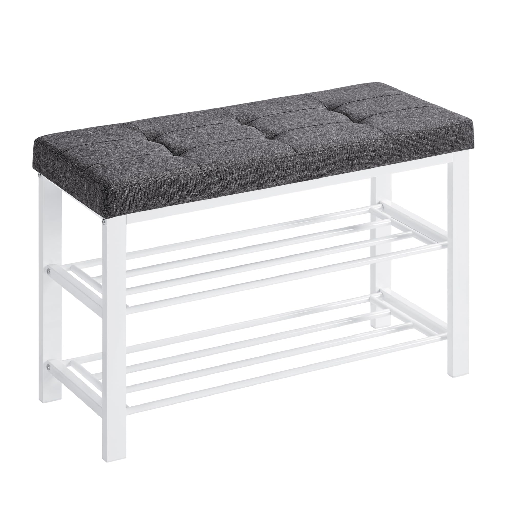 SONGMICS Shoe Bench, 3-Tier Shoe Rack for Entryway, Storage Organiser with Foam Padded Seat, Linen, Metal Frame, for Living Room, Hallway, 31 x 81 x 49 cm, White and Grey LBS057W03