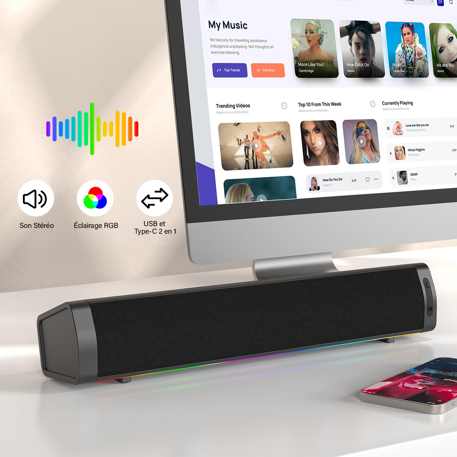ZETIY Enceinte PC RGB, Barre de Son USB pour Ordinateur, Haut-Parleur Gaming Filaire avec Prise Jack 3.5mm, Son Stéréo pour PC de Bureau, Laptop, Tablette et Smartphone