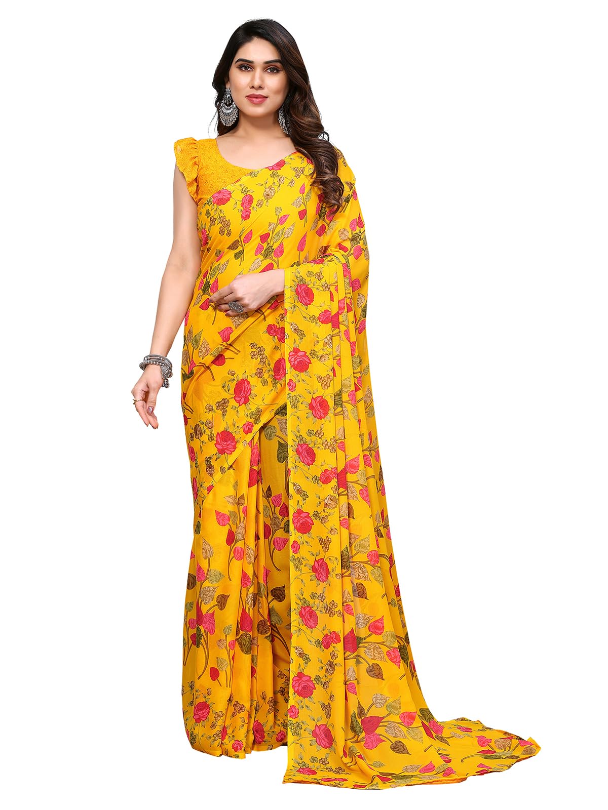 SIRILWomen's Floral Printed Georgette Saree with Unstitched Blouse Piece