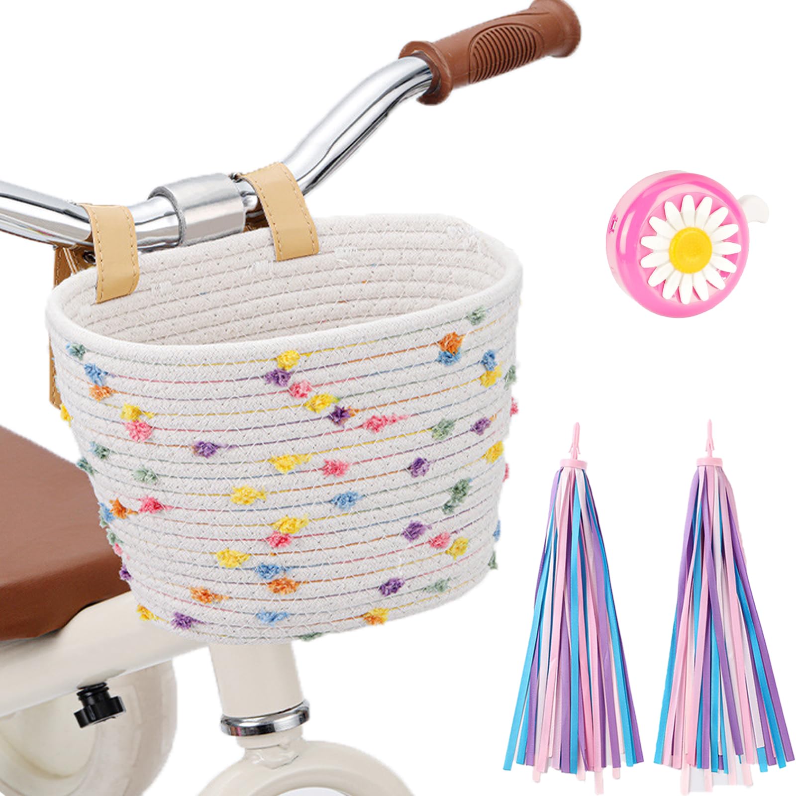 Kiswleon Kids Bike Basket for Boys Girls,Cotton Rope Woven Front Bike Basket Kids,Cute Decorative Accessories with Spare Leather Straps,Tassels,Bell for Scooter Bicycle(White)