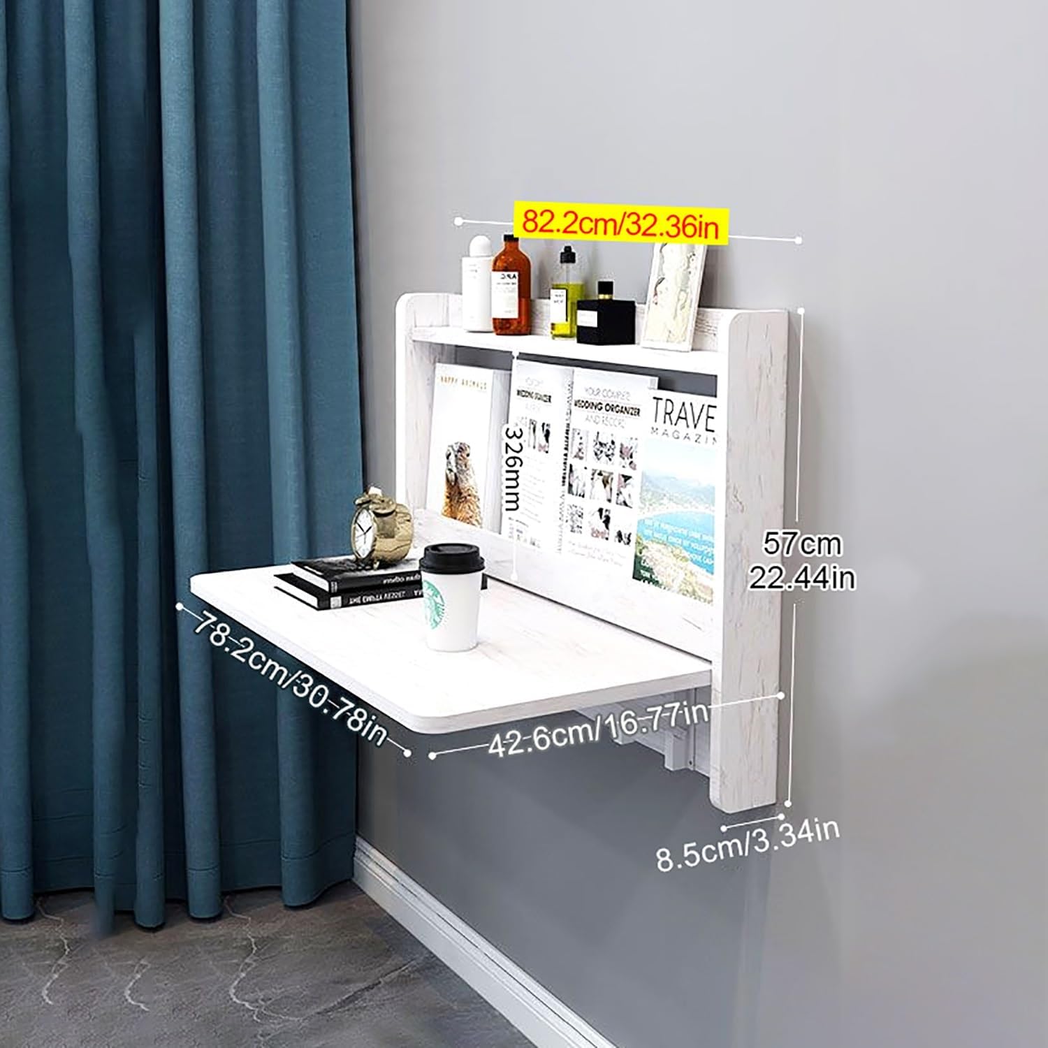 Small Fold Down Wall Mounted Workbench Wood Wall Mounted Table Small Folding Computer Table Simple Study Desk with Storage Space for Small Spaces Offices Bedrooms Study Restaurants.