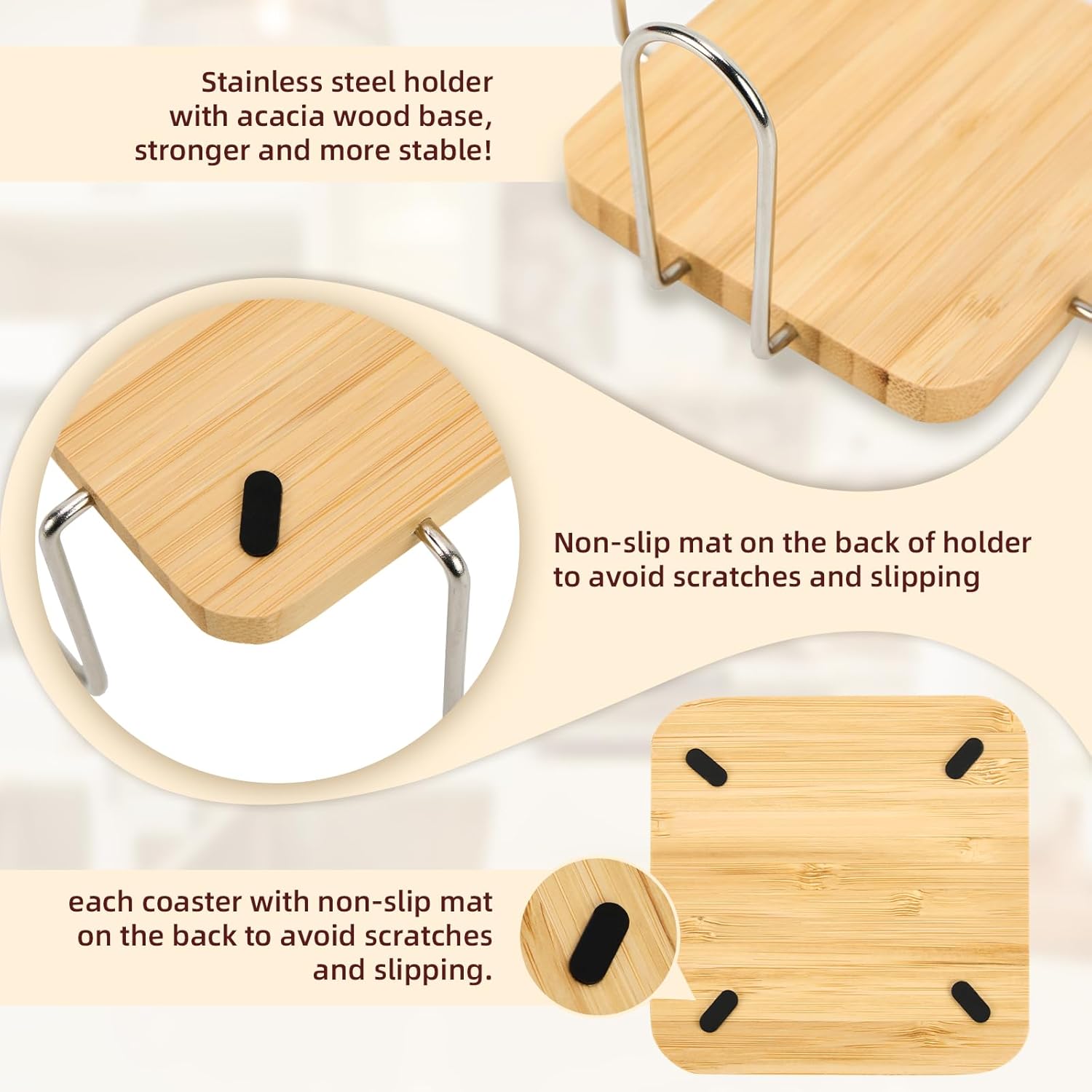 eleganlife Coasters Set of 6 for Coffee Bar Accessories - Bamboo, Drink Coasters with Holder for Home Decor and Wooden Small Snack Trays Set - Portable for Home, Office and Relaxation - Image 6