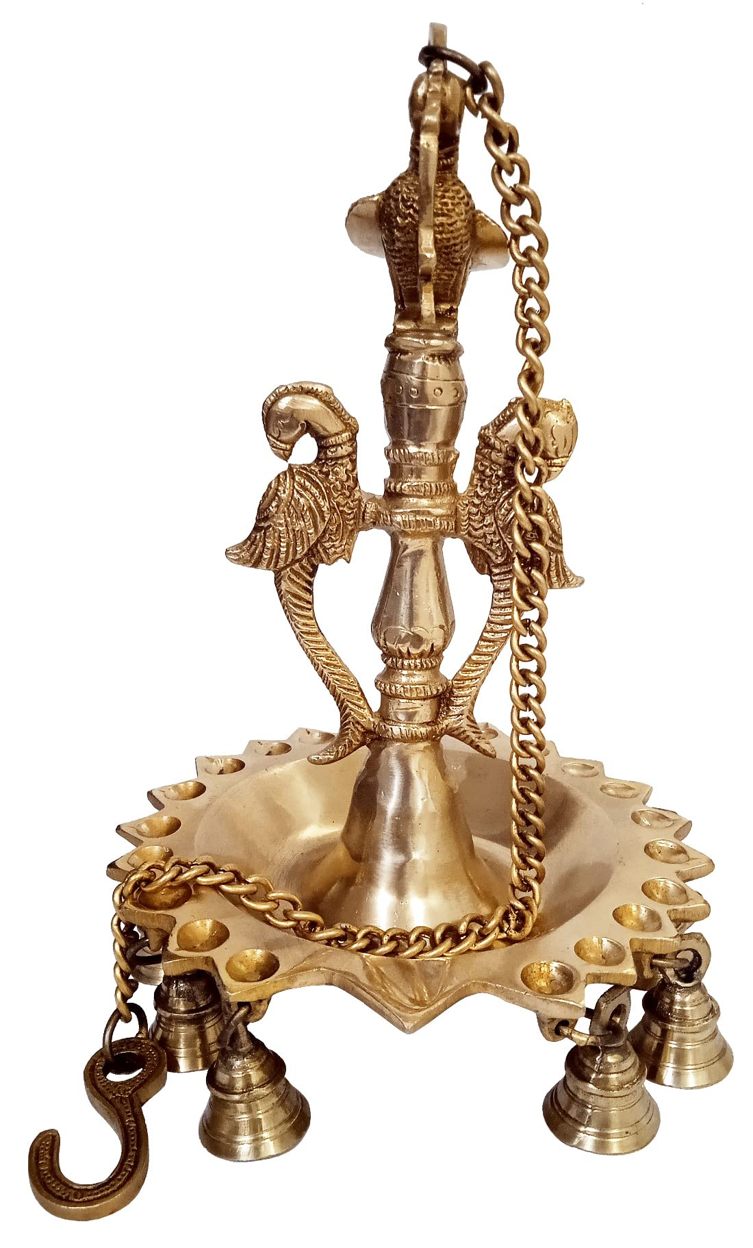 Purpledip Brass 21 Hanging Diyas-Bells In Twin Peacock Design: Solid Brass Metal Heavy Lamp (10720), Gold, Standard - Image 2