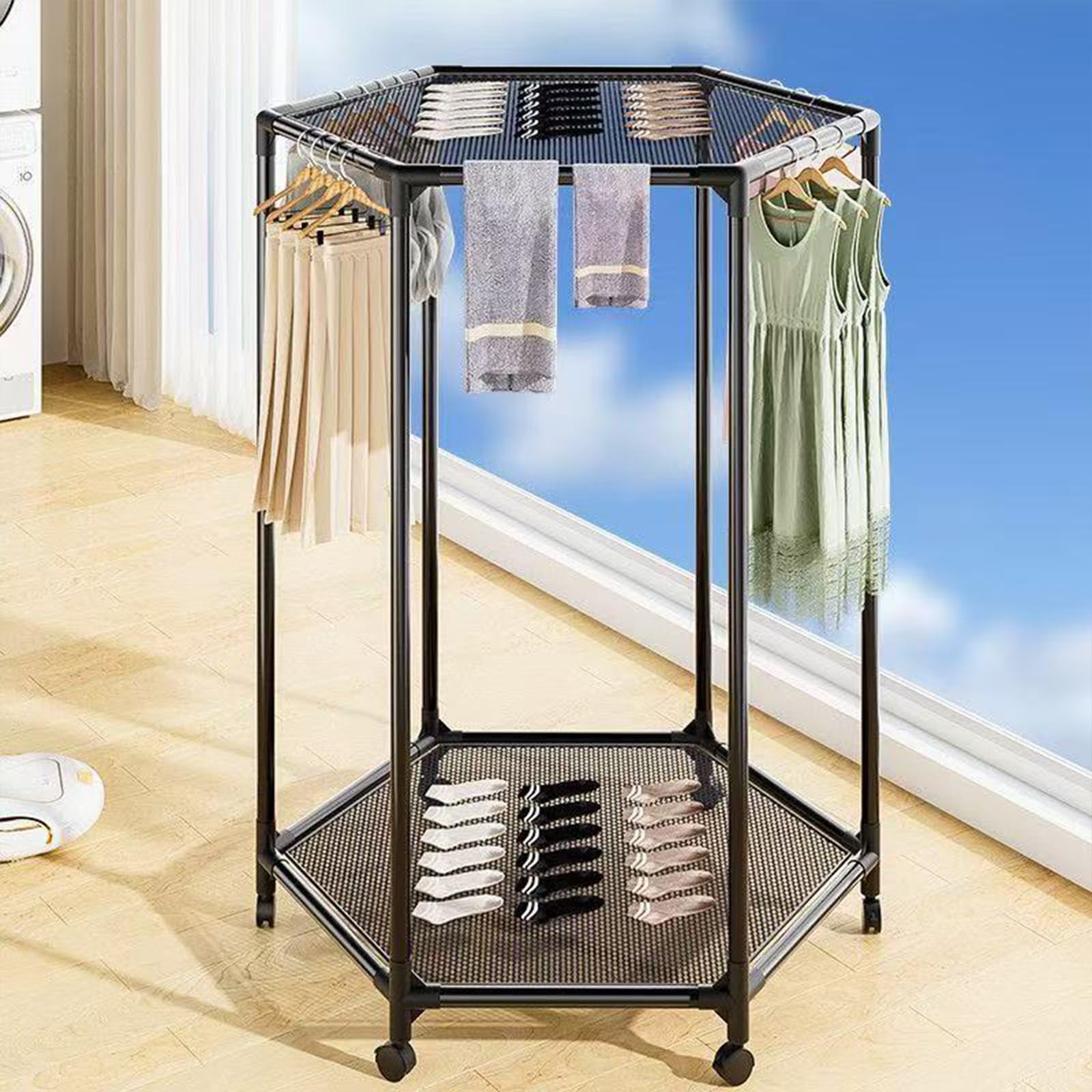 Hggdsac Black Drying Rack Clothing, Laundry Rack, Clothes Dryer Rack, Hexagonal Folding Stand, Storage For Bedroom Dorm Balcony Outdoor Indoor Blanket Clothing Garment(Black/Single Layer/Drying Net)