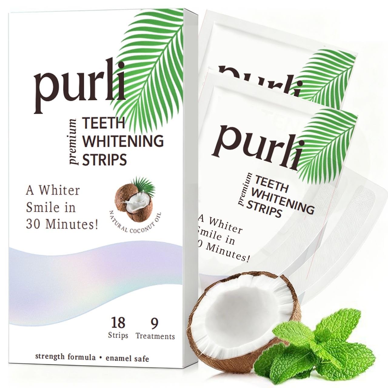 Purli Teeth Whitening Strips 9-Day Treatment Natural Coconut Oil Professional Effects Gum Enamel Safe Dry Strip