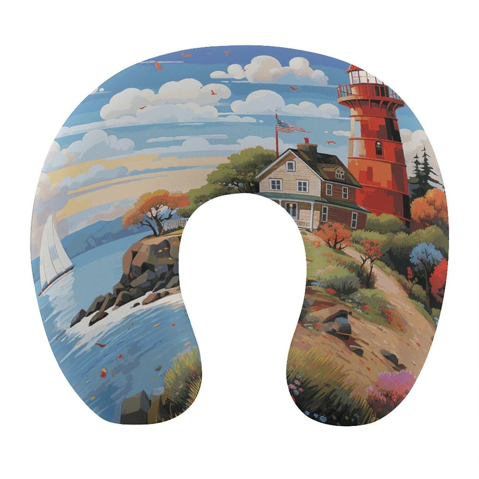 VstaDank Beach Lighthouse Neck Pillow, Soft Comfortable Travel U-Shaped Pillow, Portable Shoulder Pillow, Memory Foam Head Support Pillow for Airplane, Car, Home, Office