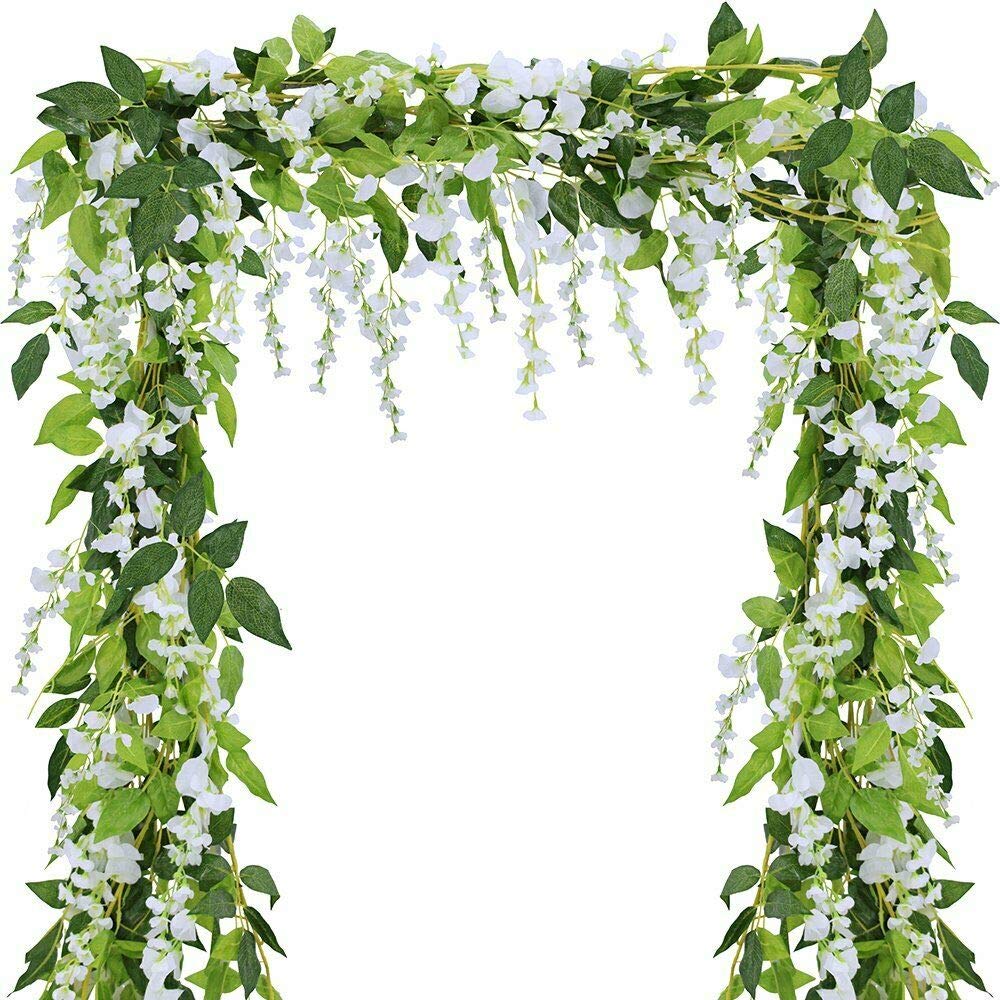 nobranded 2x 6.7FT Artificial Wisteria Vine Garland Plants Foliage Flower Outdoor home decor (White)
