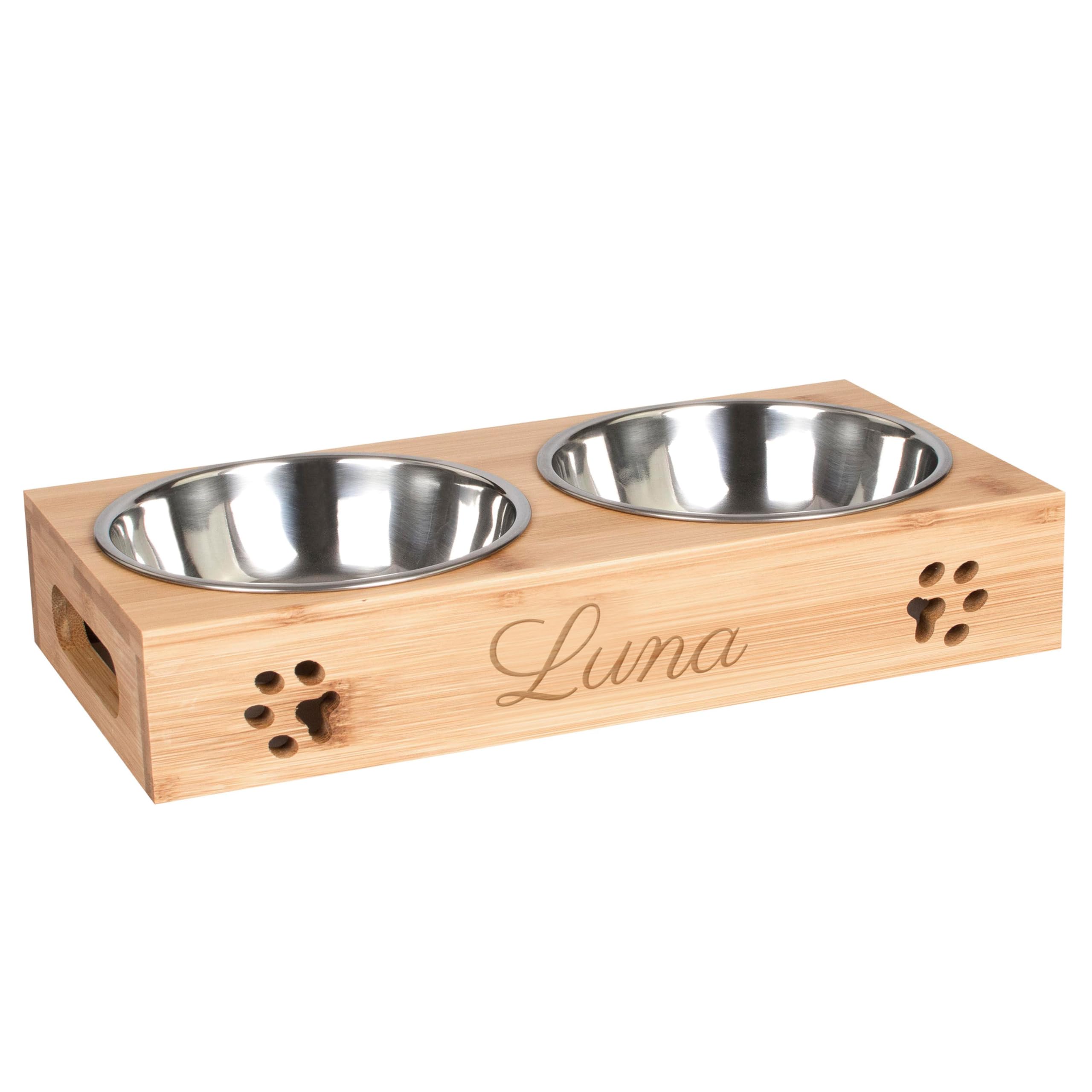 LAUBLUST Stazione di alimentazione con nome personalizzato per cani - Naturale | 49x26x7cm, rialzata - Ciotola per cibo e acqua per gatti | 2 ciotole in acciaio inox x 1,4L | Ciotola per gatti incisa