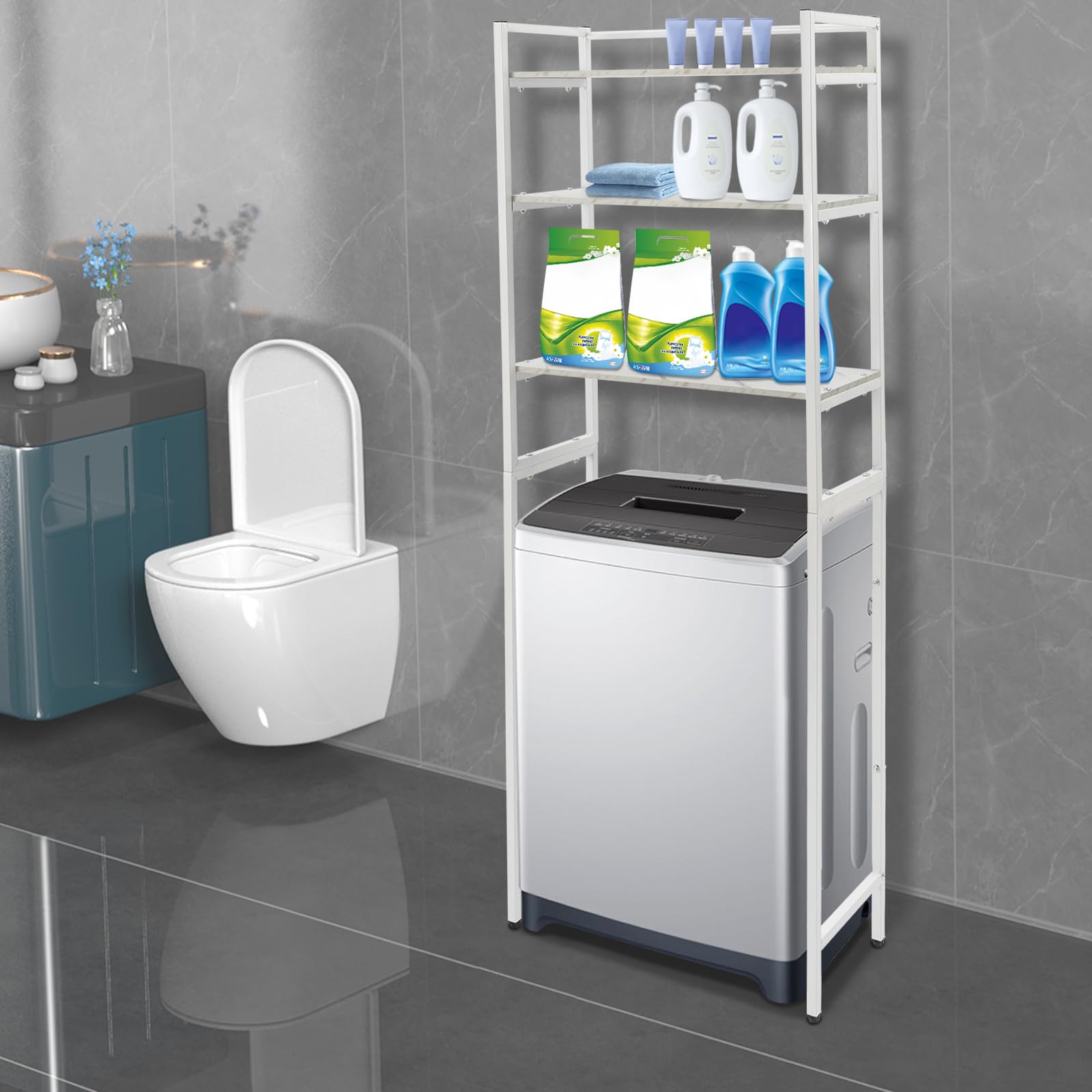 Waschmaschinenregal 3 Ebenen Badregal Waschmaschine Regal Freistehendes Lagerregal Badezimmerregal, offene Design, Platzsparender Toilettenregal, 69 * 30 * 181cm (Weiß, Marmorierung)