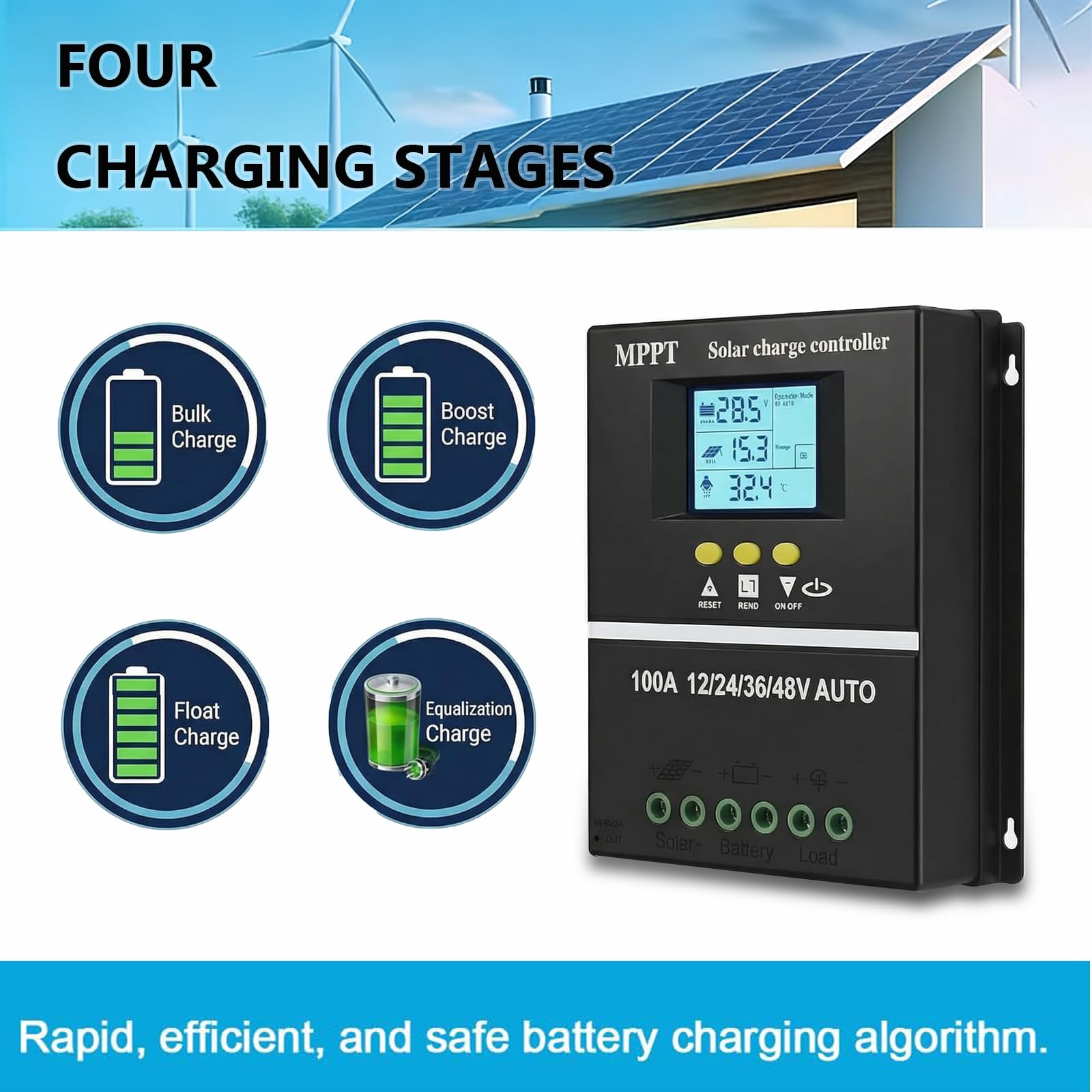 MPPT Laderegler Solar 12V 24V 36V 48V Auto, 100A Solarladeregler mit LCD Display & Dual USB, Smart Solarregler, Solar Charge Controller für Blei-Säure-Batterie Lithium Batterien Lifepo4 usw