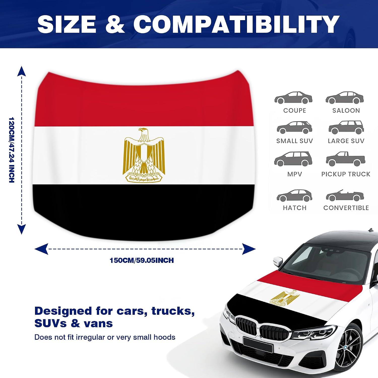Egypt Flag Car Hood Cover Country Flag Hood Cover Durable Weatherproof Universal Fit Car Cover for All Seasons Protection Custom Fit for Car Truck SUV