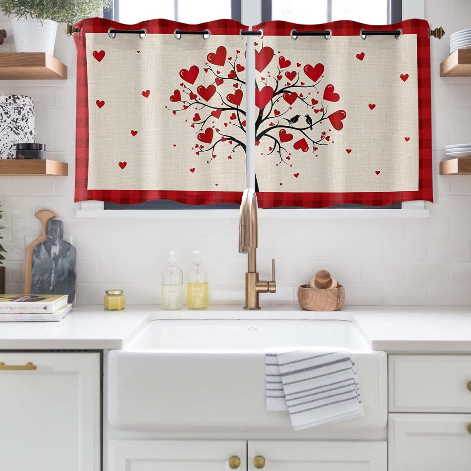 Valentine's Day Window Curtain Romantic Love Tree Windows Drapes Panel, Vintage Beige Burlap Light Filtering Kitchen Cafe Curtains Drape Treatment Set of 2 with Grommet Top
