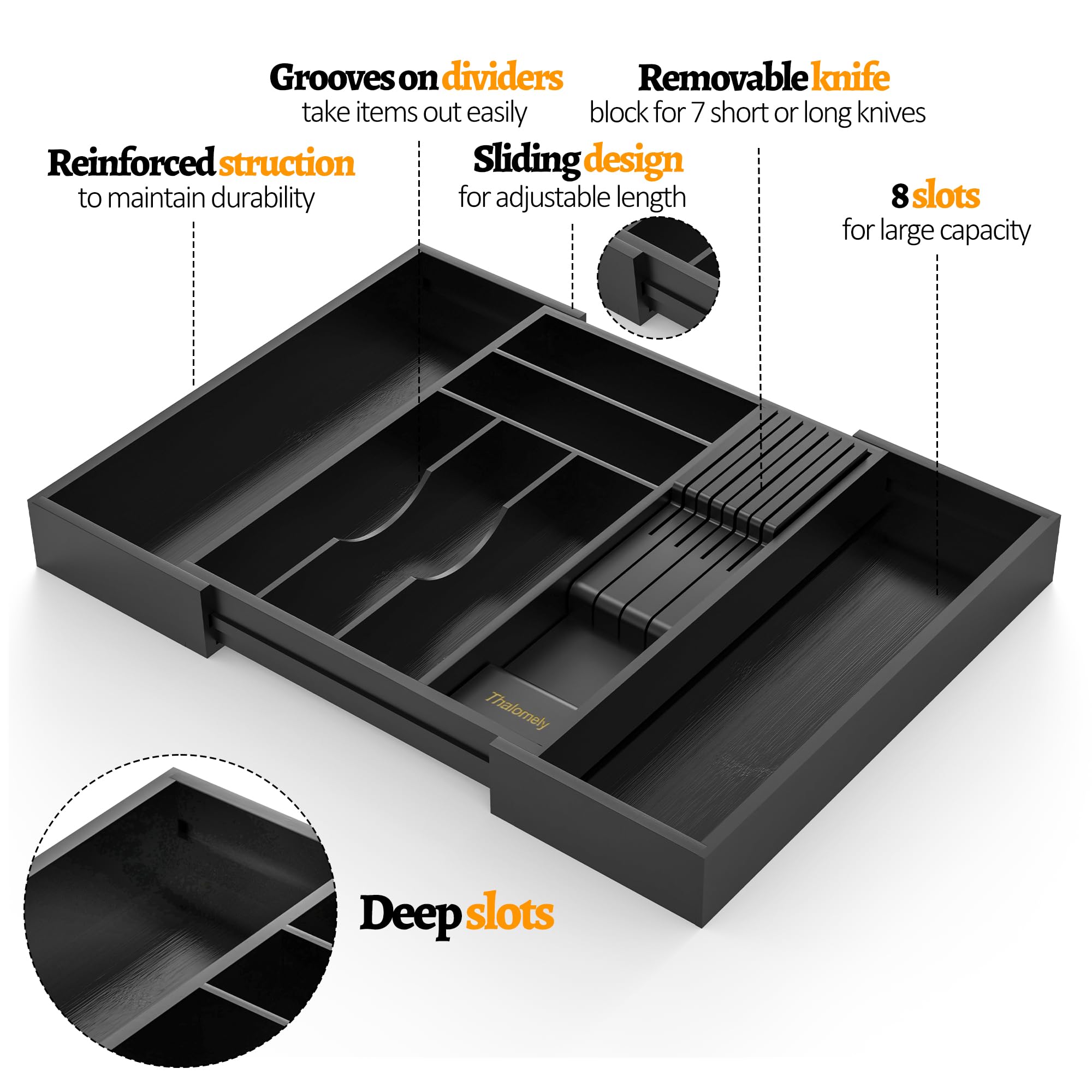 Bambus-Küchenschubladenorganizer, erweiterbarer Utensilien-Organizer mit abnehmbarem Messerblock, Besteckkasten mit Trennwand, verstellbarer Besteck-Organizer, Schwarz