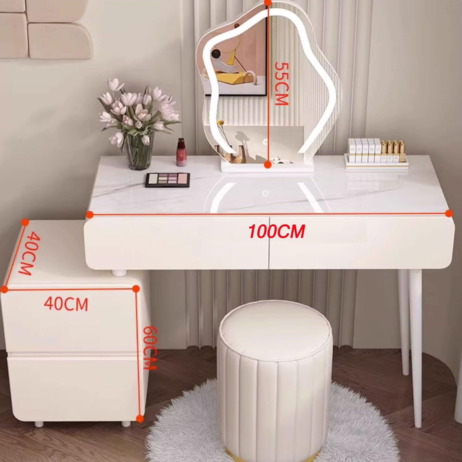 Toeletta da Trucco con Sgabello Tavolo Cosmetici, Liberamente a Scomparsa, Salvaspazio, con Cassetti In Legno Massello e Specchio Per Trucco Smart a Led a Forma di Nuvola ( Color : White , Size : 100C