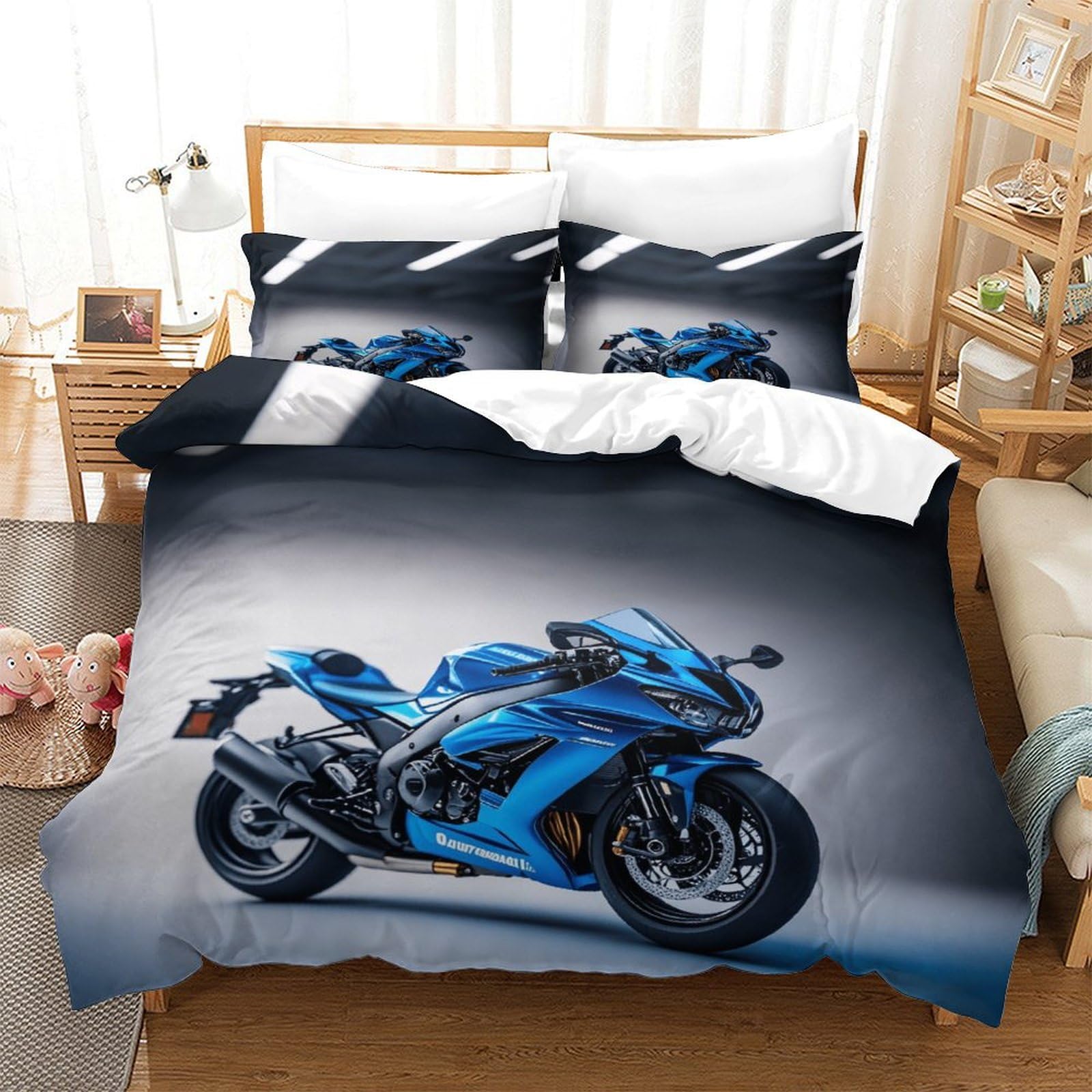 Xiaopangxy Boys Motorbike Warmth Bedding Set Hidden Zipper Duvet Cover Set With Pillowcases Motorcycle Quilt Cover Set Soft Microfiber Comforter Cover For Kids & Adults King（220X240cm）
