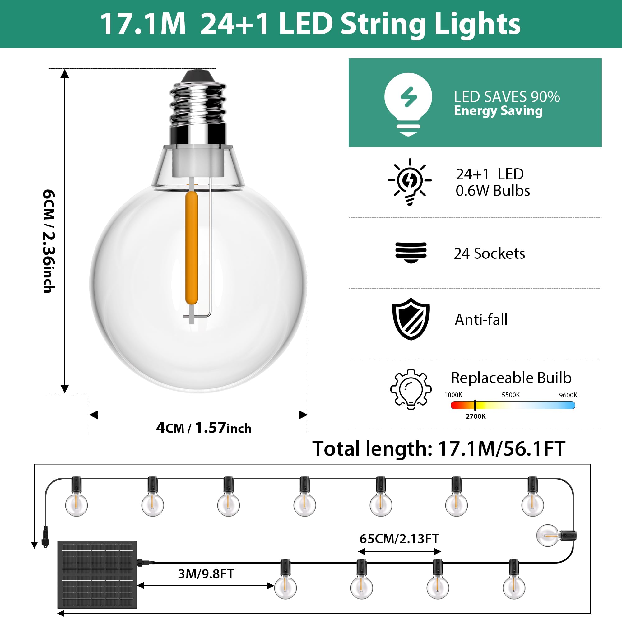 Solar Lichterkette Aussen Outdoor, LED Solarlichterkette Außen Wetterfest 17,1M 24+1 G40 Glühbirnen mit Fernbedienung 8 Modi 3 Timer IP44 Wasserdicht für Balkon Garten Pavillon Terrasse Hochzeit Party