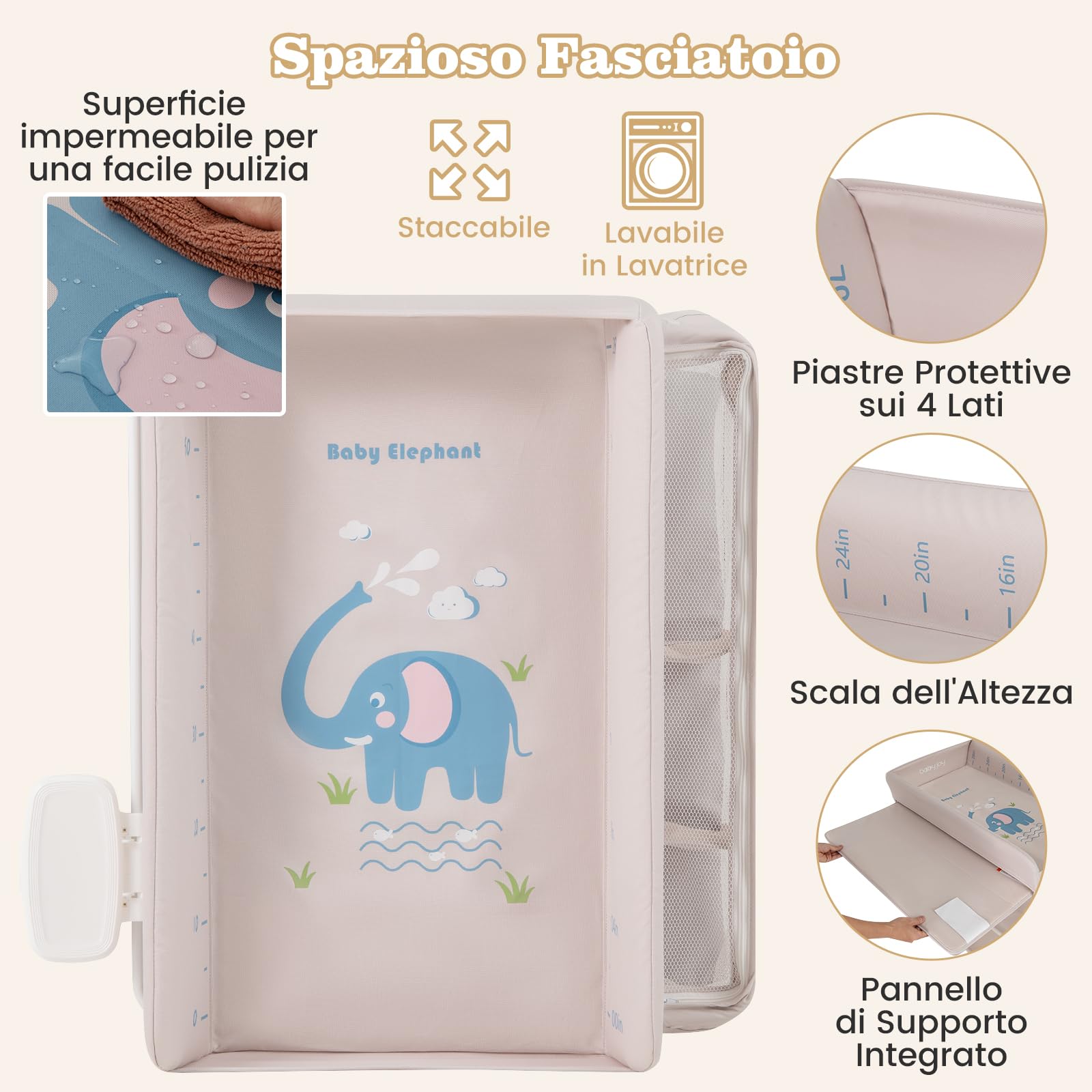 RELAX4LIFE Fasciatoio Pieghevole per Neonati, Fasciatoio Portatile con Cestino Laterale e Porta Asciugamani, Altezza Regolabile e Ruote Bloccabili, per Cameretta dei Bambini (Naurtale)