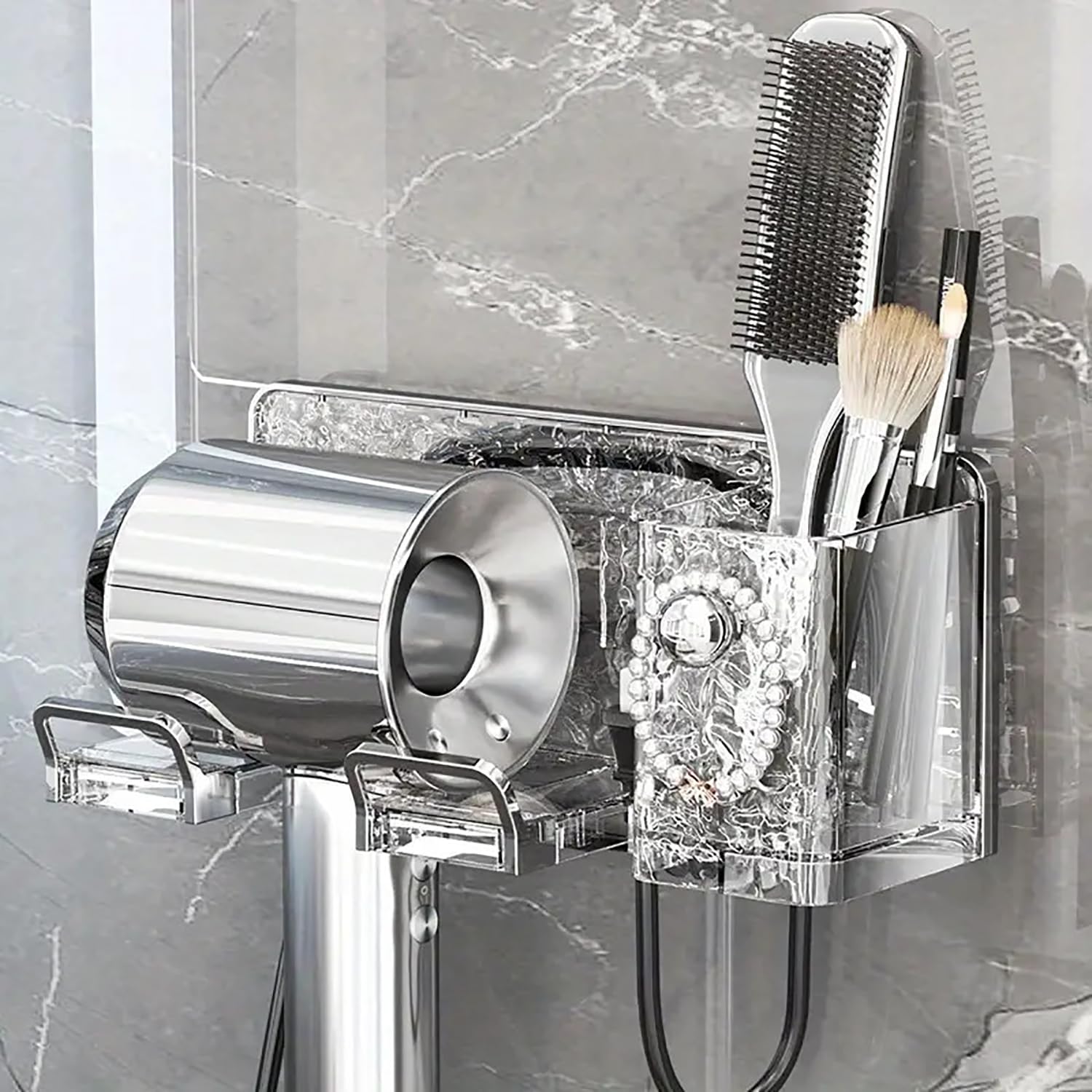 House of Quirk 3-in-1 Wall-Mounted Hair Dryer Holder - Transparent Ripple Design, No-Drill Plastic Bathroom Organizer with Storage Box (Transparent White) (B0D8BJX94L) Amazon Price History, Amazon Price Tracker