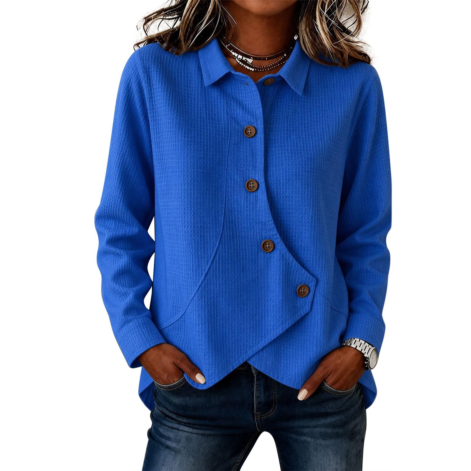Generisch Camicia basic da donna con dettagli di design, struttura a nido | Versatile camicetta basic per il guardaroba, abbottonatura asimmetrica aggiunge un tocco alla moda per qualsiasi look