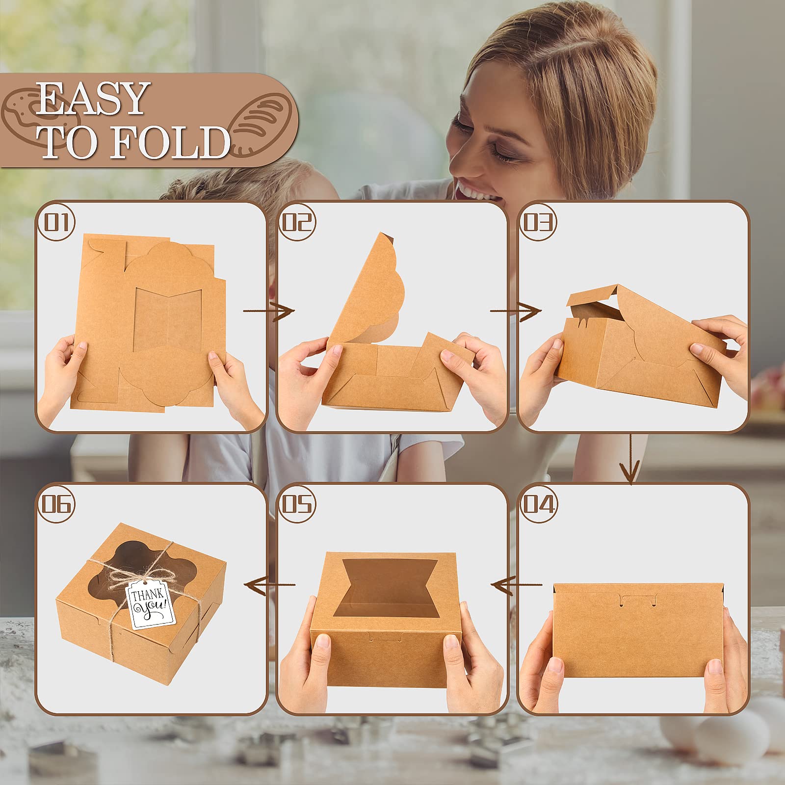 KPOSIYA 65 cajas de panadería con ventana de 6 x 6 x 3 pulgadas, 5 cajas de galletas pequeñas para dulces, postres, pasteles, donas, fiesta de cumpleaños, boda (marrón)