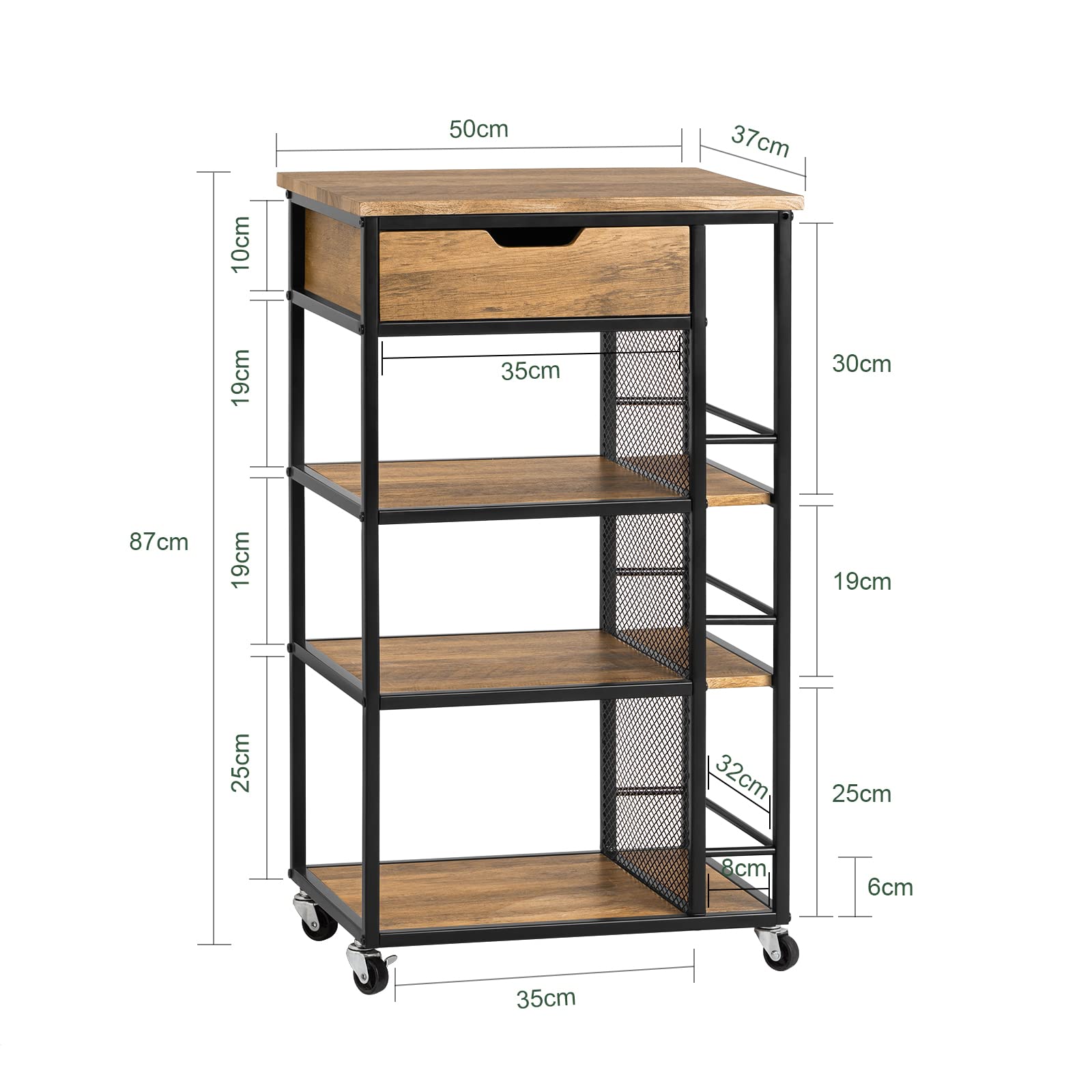 SoBuy Carrito Auxiliar con Ruedas, Carrito Cocina con 1 Cajón 3 Estantes y Estantes Laterales, Mueble Auxiliar de Cocina, Carro Herramientas Estilo Vintage 50 x 37 x 87 cm FKW99-N