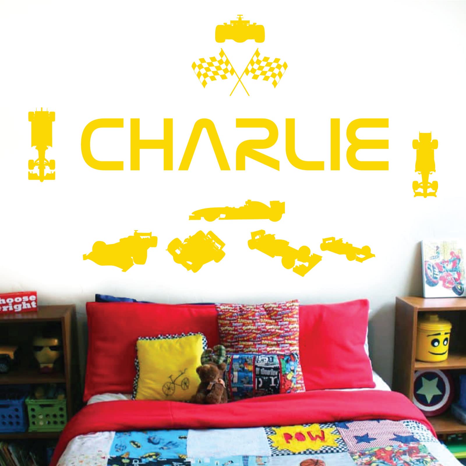 Personalised Name Children Wall Art Sticker - Racing Driver Formula 1 Cars Sport [Medium] [Medium Yellow]