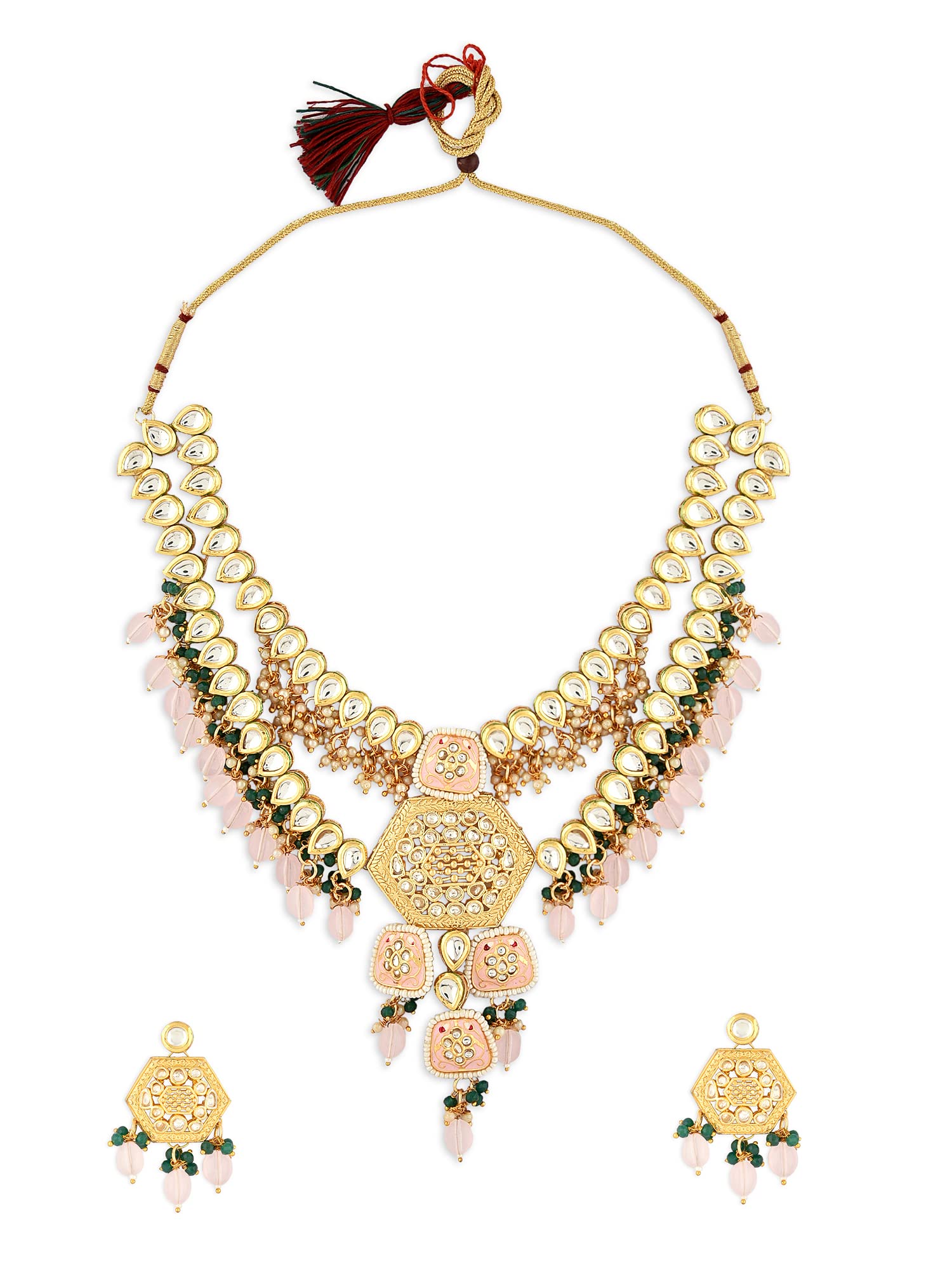 ZAVERI PEARLS Green Pink Cluster Beads Layered Kundan Meenakari Bridal Necklace Earring Set For Women-ZPFK16089 (B0C4TX4JMD) Amazon Price History, Amazon Price Tracker