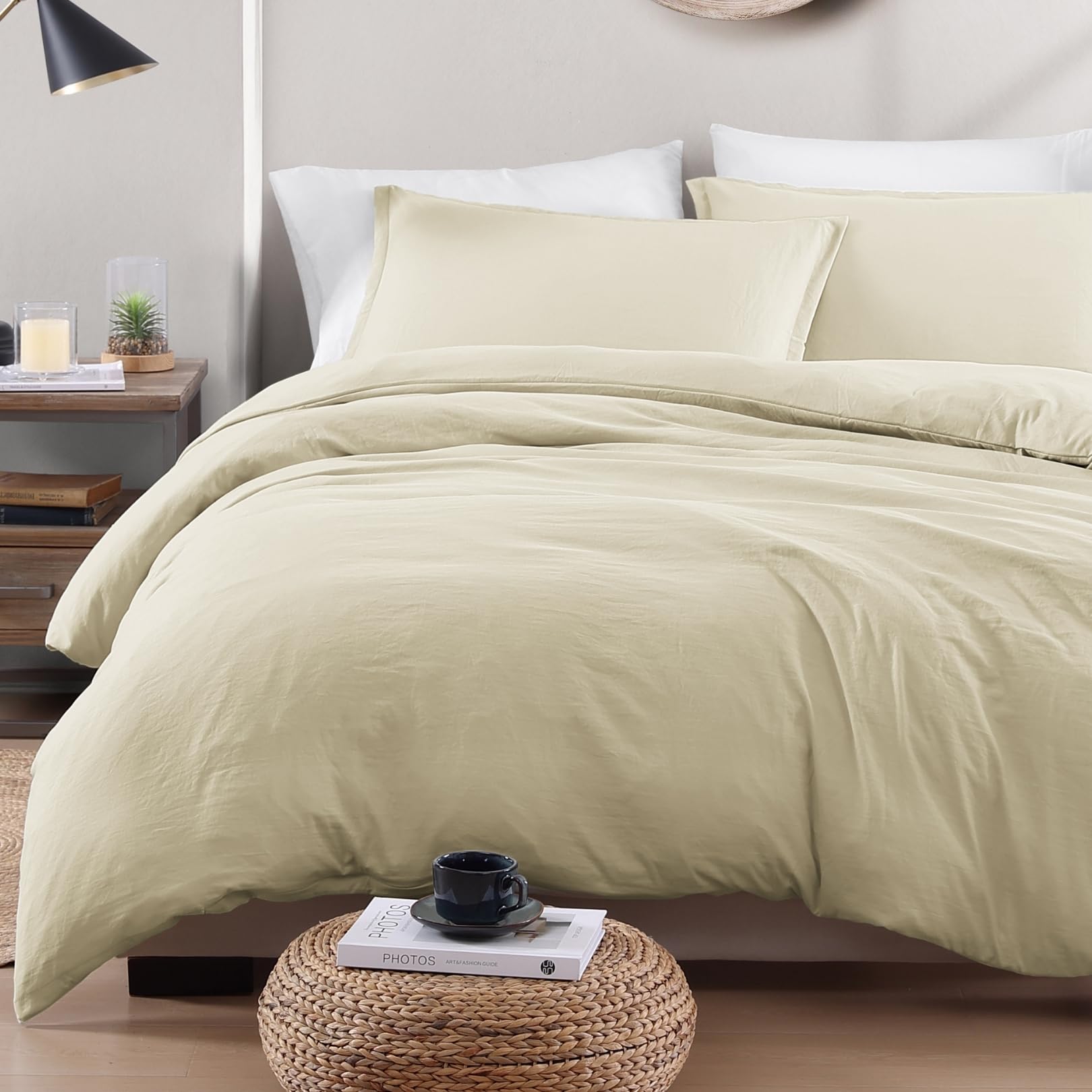LANE LINEN 4-Piece Double Bedding Set - Pre-Washed Microfiber Duvet Cover, Fitted Sheet, and Pillowcase – Cozy and Durable (Linen)