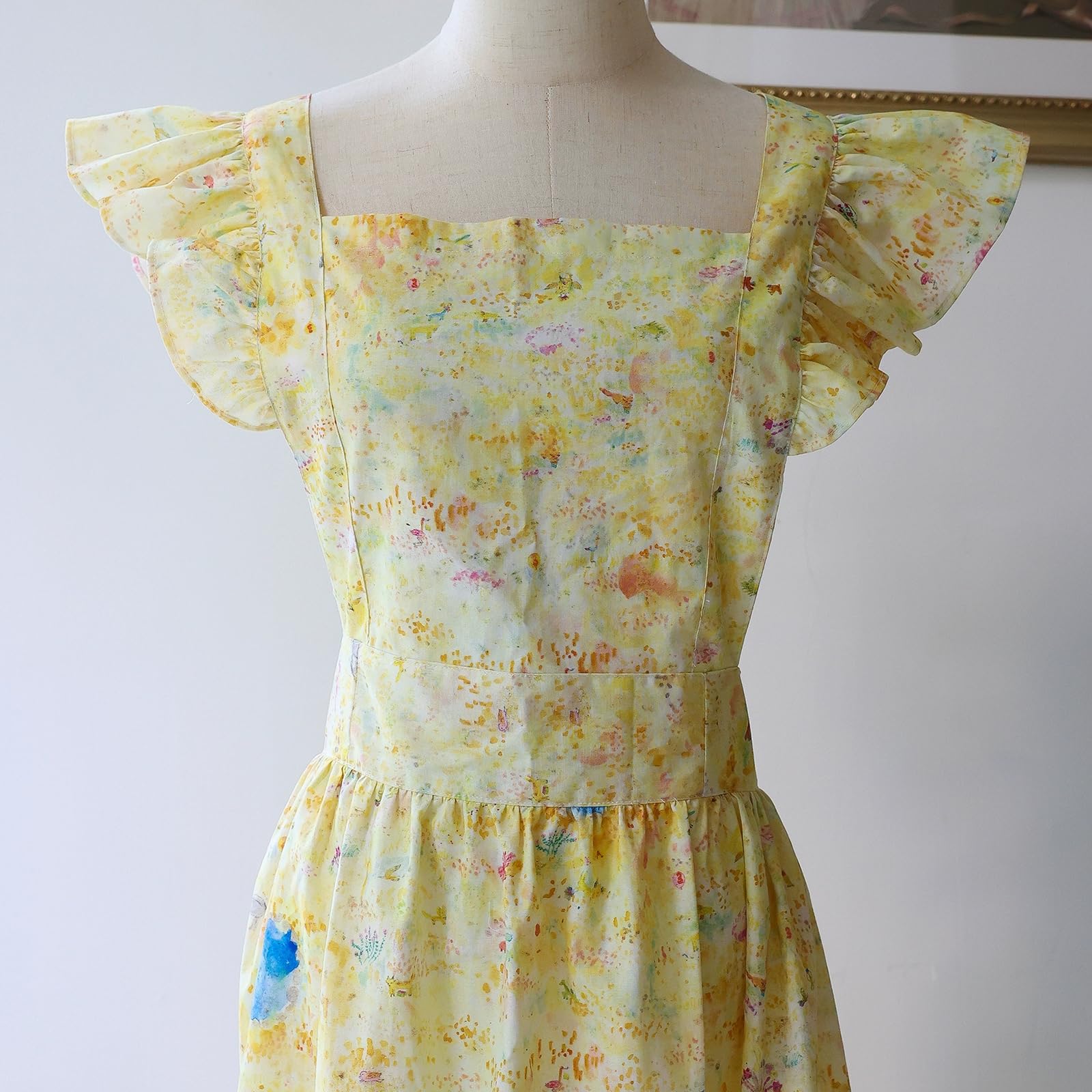 Damski Fartuch Kuchenny, Bawełniany Lniany Fartuch Dla Kobiet, Frilly Vintage Fartuszek RegulowanyYellow,One Size