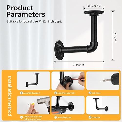 Miniatura 10 de Soporte de estante de tubo de 12 pulgada, soporte de estante flotante montado en la pared, soporte de metal colgante de pared punk de vapor, soporte