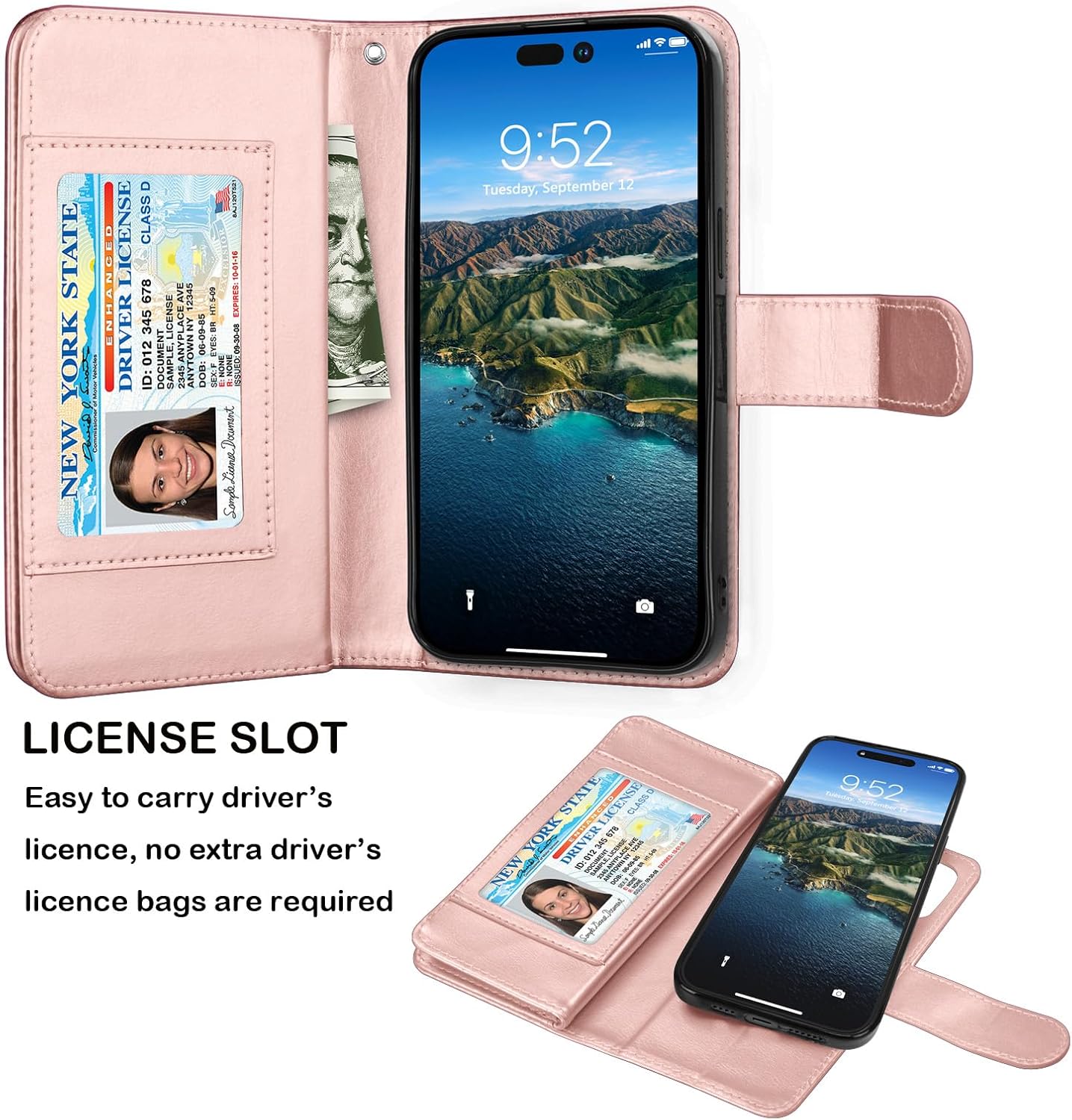 Njjex Wallet Case for iPhone 15 Plus 6.7" 2023, for iPhone 15 Plus Case, [9 Card Slots] PU Leather ID Credit Holder Folio Flip [Detachable] Kickstand Magnetic Phone Cover & Lanyard [Rose Gold] - Image 3