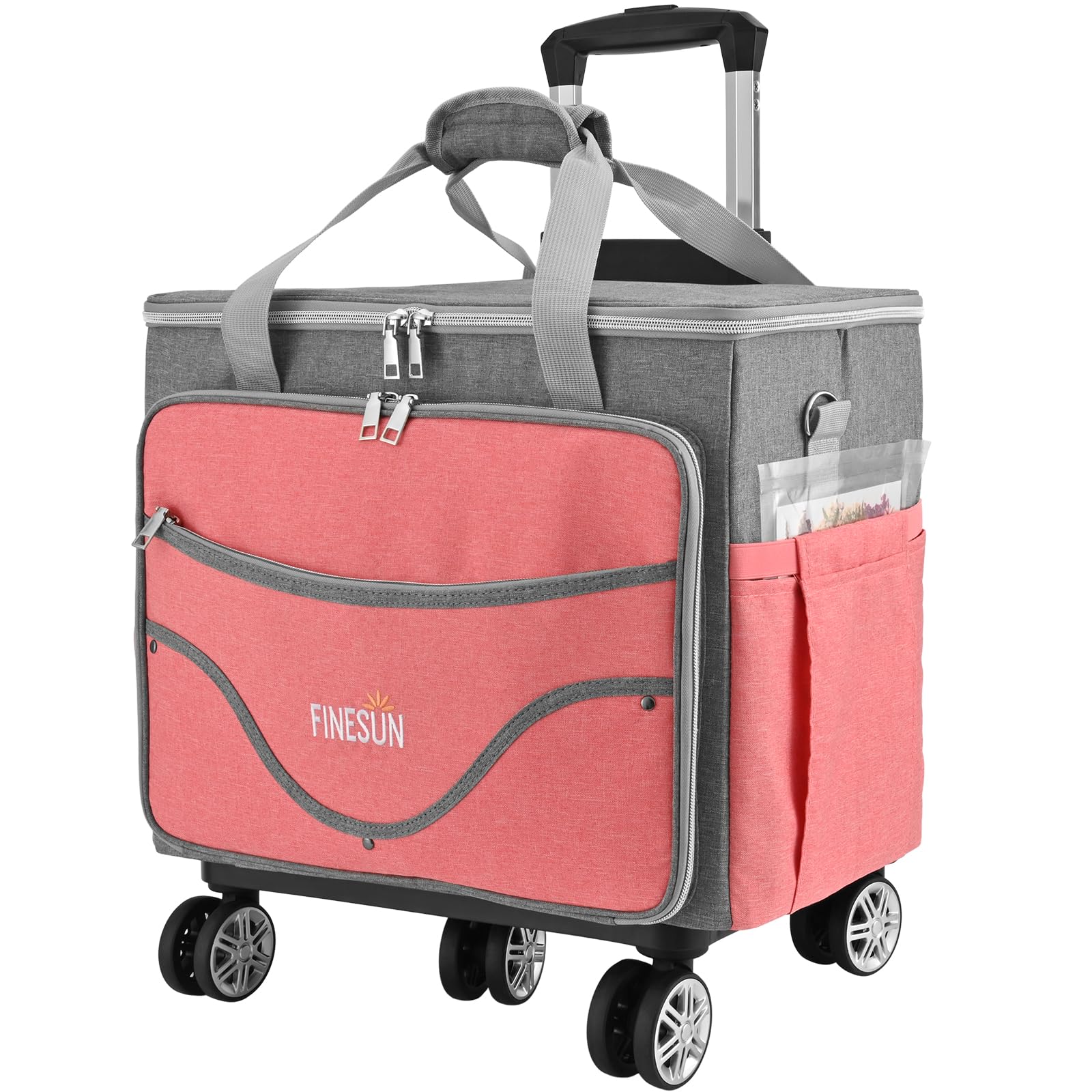 FINESUN Rolling Tote Bag for Women Teacher Bag Rolling Cart Briefcase with Wheels Carry on Wheeled Bag for Work,Office,Craft Pink
