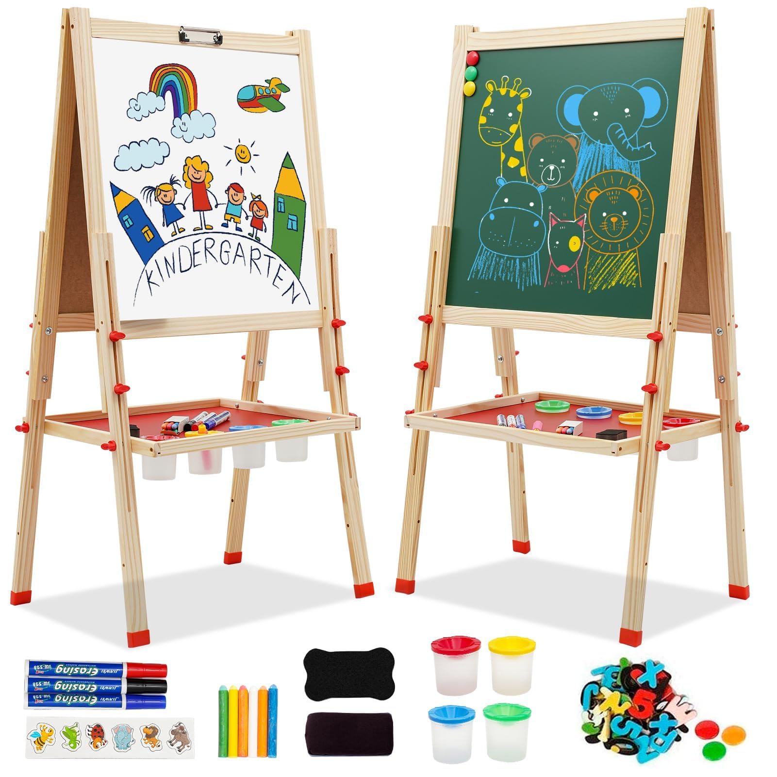 Cavalletto per Bambini a Doppia Faccia in Legno Lavagna Bianca in Legno Cavalletto in Altezza Regolabile con Carta Adesivi Accessori Vassoio di Stoccaggio per Bambini 3+ Anni