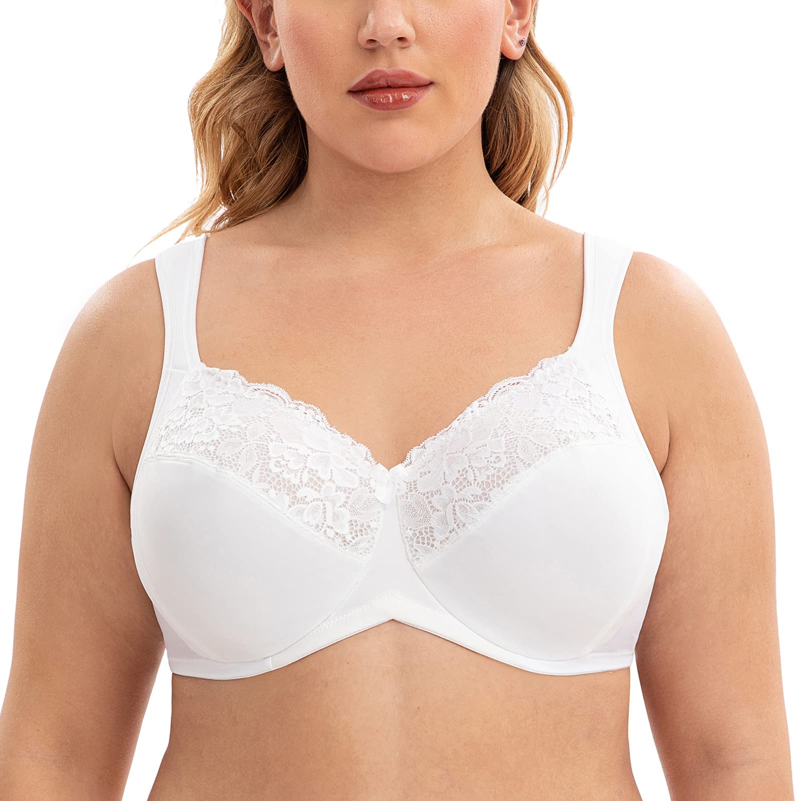 CASOLACE Women's Minimizer Cushion Strap Plus Size Full Coverage Lace Unlined Bra White 46E
