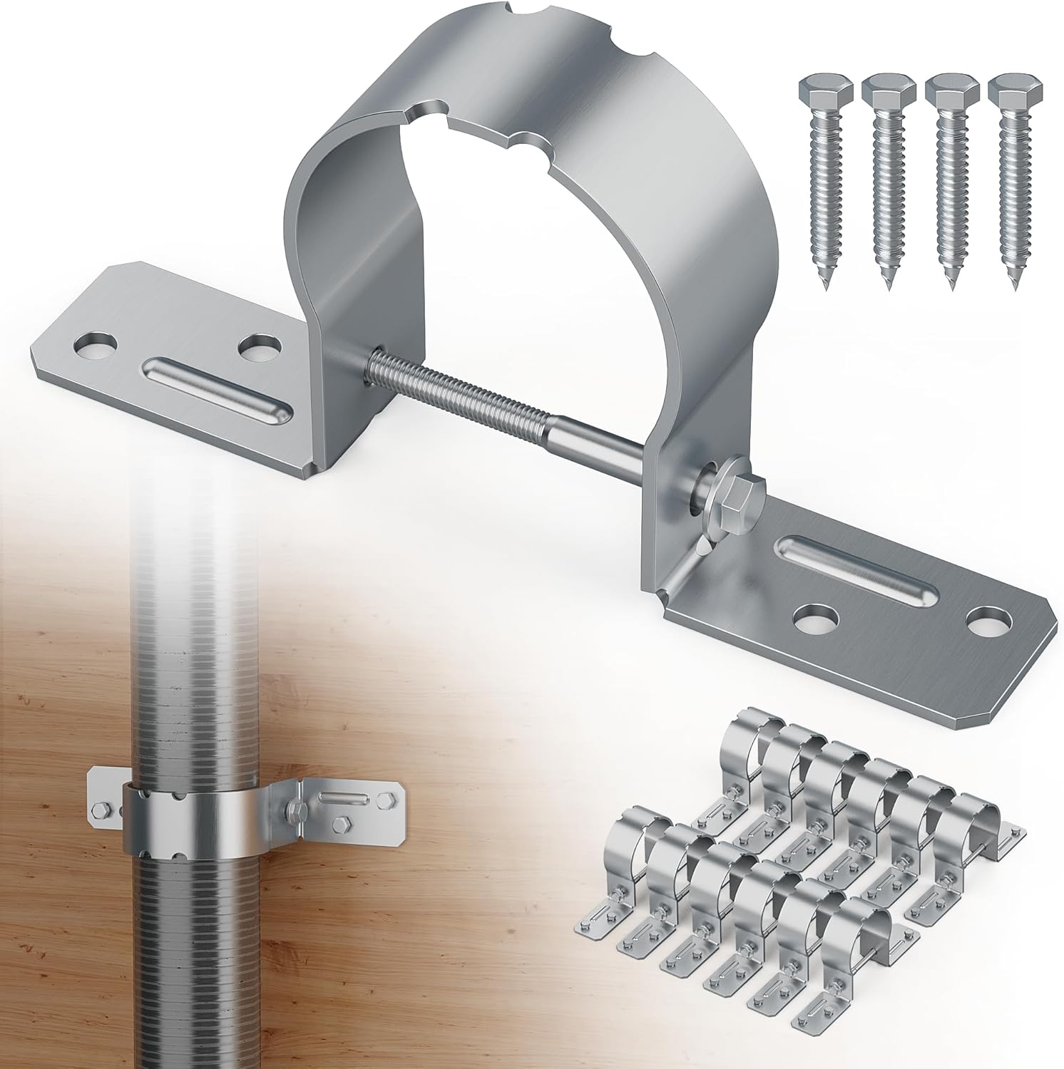 12 PCS Fence Post Brackets, 2-3/8 Steel to Wood Fence Bracket, Fence Brackets for Metal Posts, Galvanized Pipe Grip Tie Fence Post Repair with Screws