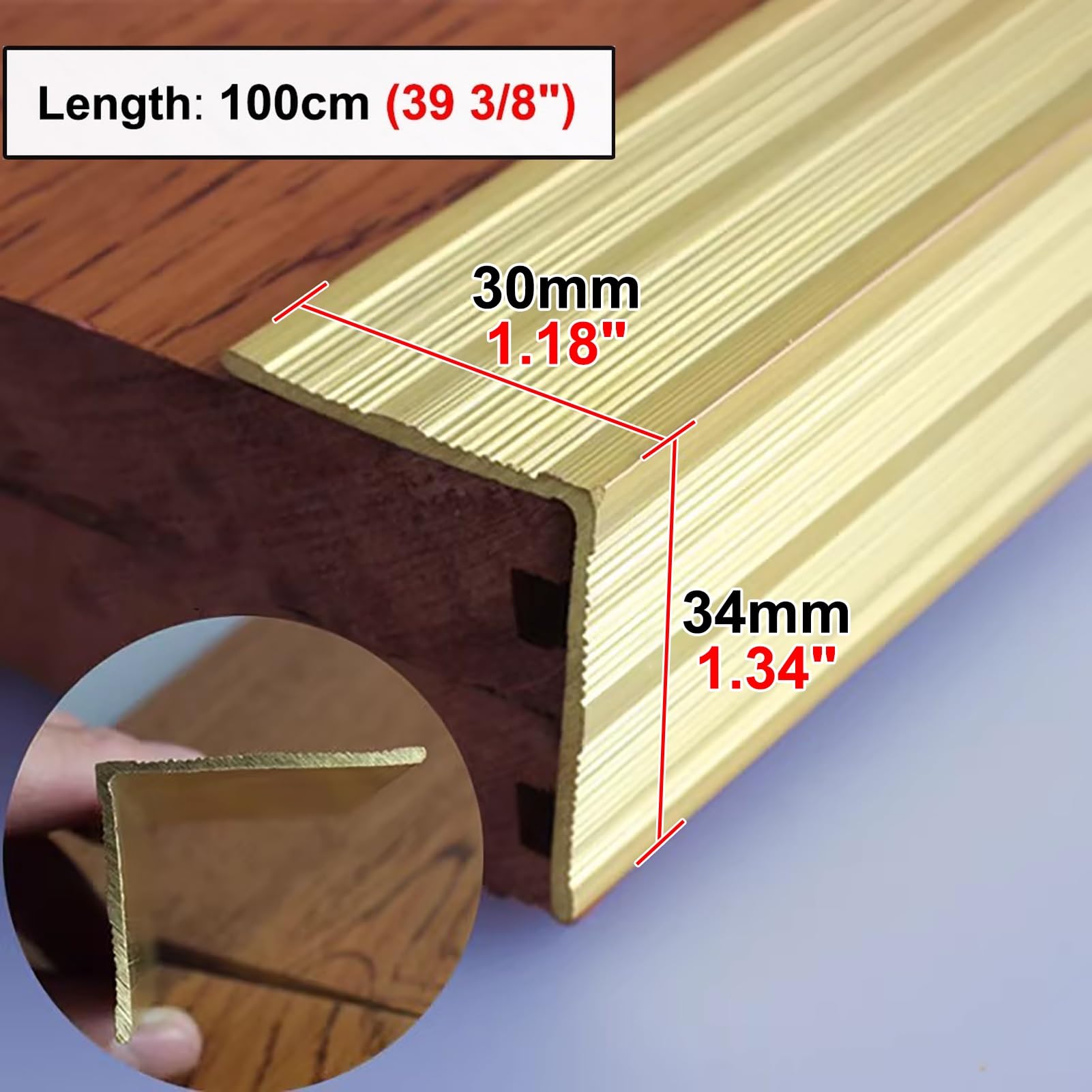 Moldura de latón para Borde de Escalera, Tiras Antideslizantes para peldaños, Tiras de transición de Suelo recortables/Protector de Bordes para peldaños (34 x 30 mm [1,34 x 1,18 PU