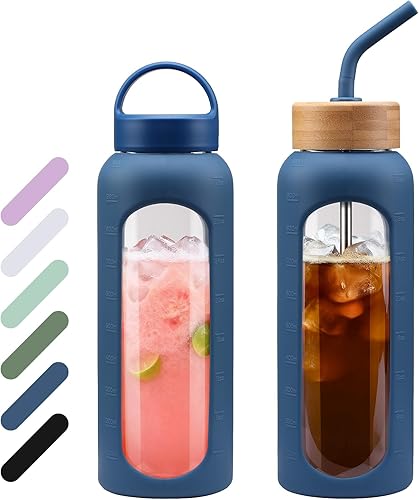 Miniatura 8 de Botella de agua de vidrio de 32 onzas, vaso de vidrio de 1 litro con pajilla, botellas reutilizables con 2 tapas, tapa con asa y tapa de popote de