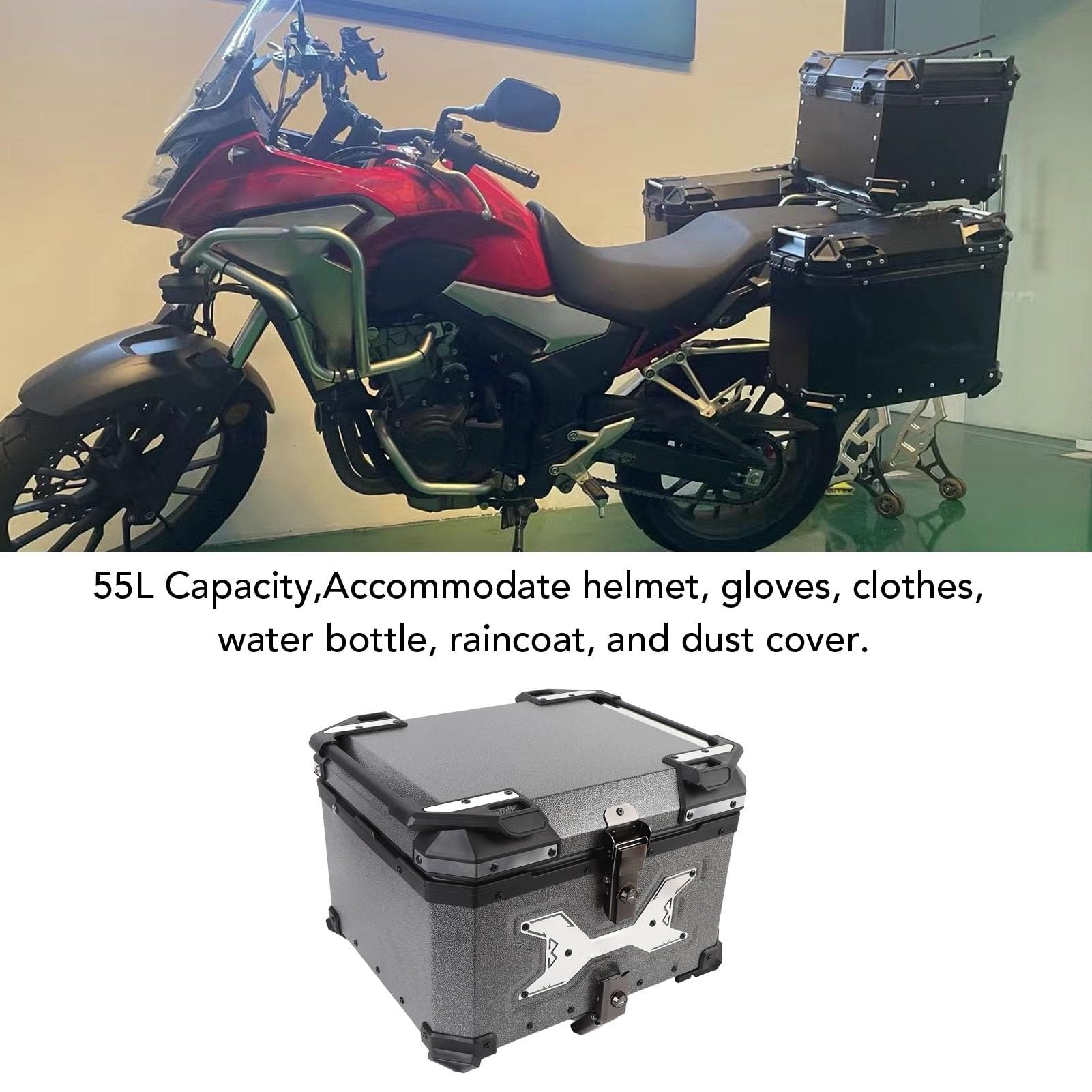 Generic Kufer Górny Motocykla 55 L – Pudełko ze Stopu Aluminium z Bezpiecznym Zamkiem, Przeznaczone do Przechowywania Kasku, Przestronny Tylny Bagażnik na Niezbędne Akcesoria Podróżne