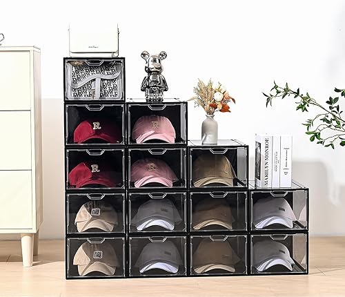 Miniatura 3 de Organizador de sombreros para gorras de béisbol, paquete de 6 cajas de almacenamiento de sombreros de plástico transparente con puerta magnética,